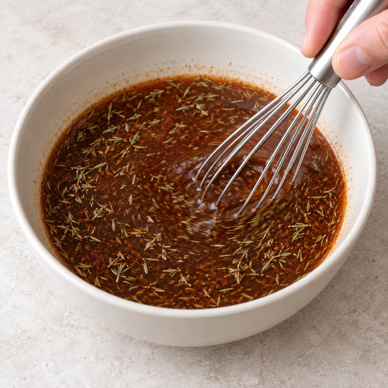 Mélanger la marinade : Le bouillon est dissous et les aromates répartis dans le liquide. Image carrée, ingrédients de cette étape exclusivement, mains adultes anonymes uniquement si le geste l’exige, sans texte.