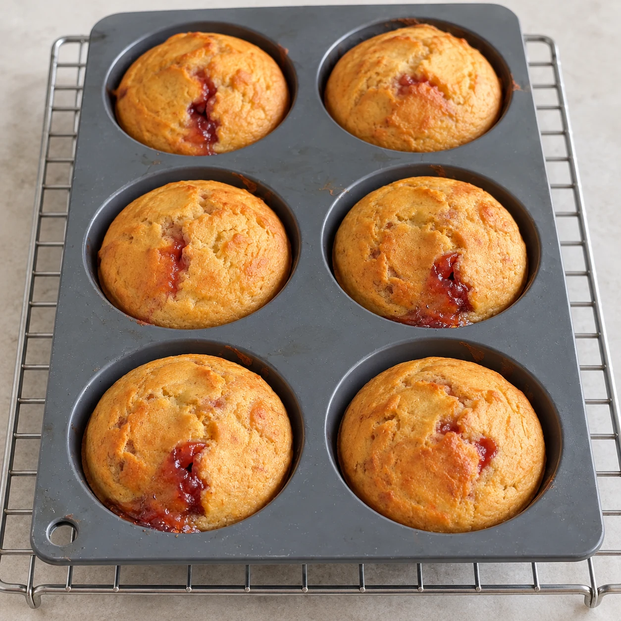 Six muffins cuits refroidissent dans leur moule gris sur une grille.
