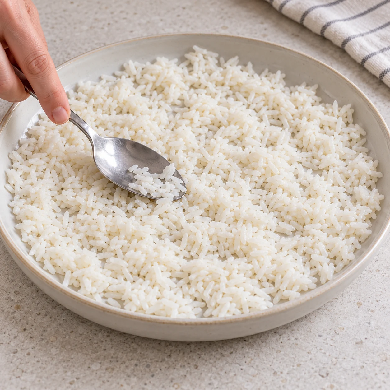 Du riz blanc cuit étalé en couche mince dans un plat neutre peu profond, sans autre aliment, en cours de refroidissement.