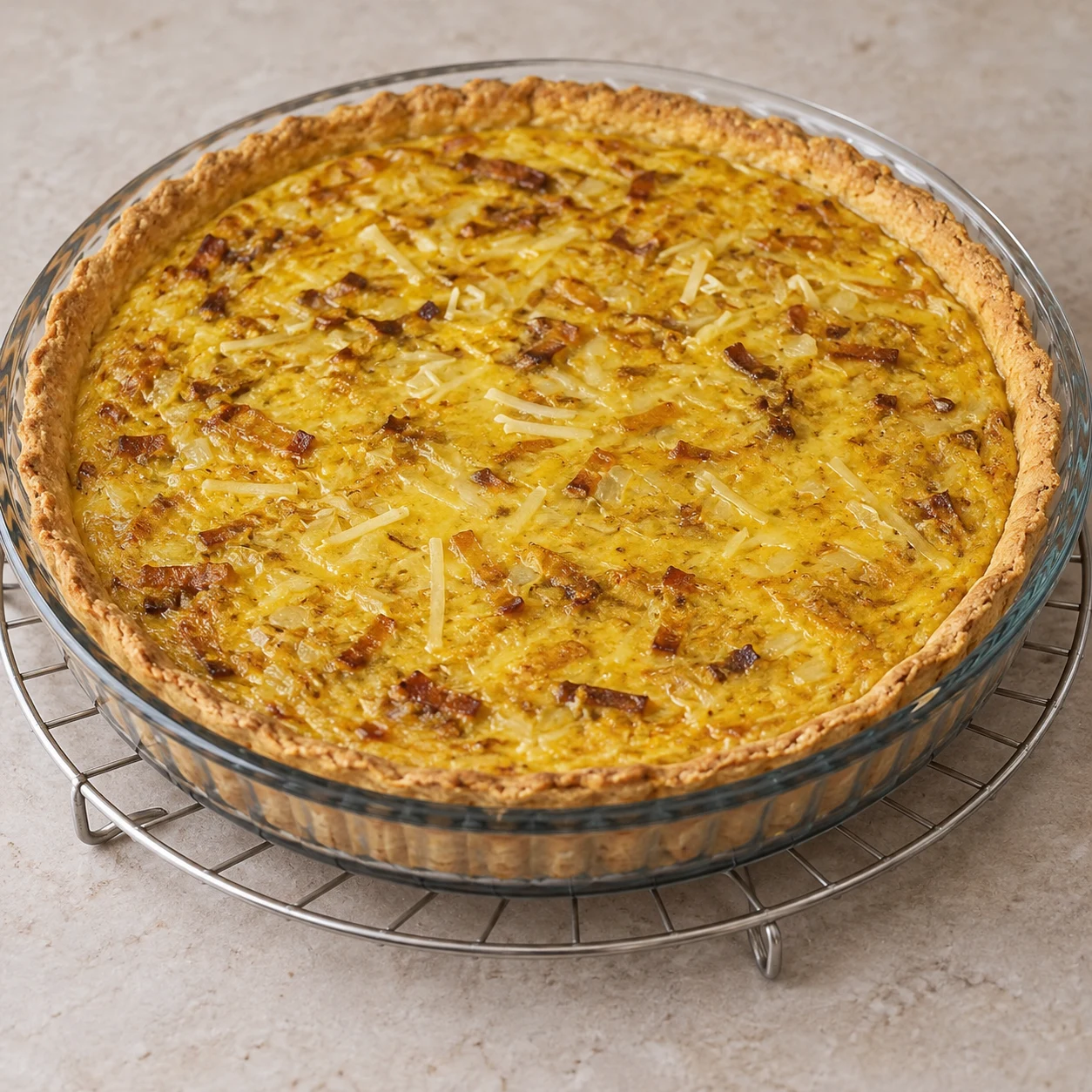 Une seule scène montrant laisser la quiche se raffermir, uniquement les ingrédients de cette phase. La quiche a reposé 15 à 20 minutes et sa texture s’est raffermie.