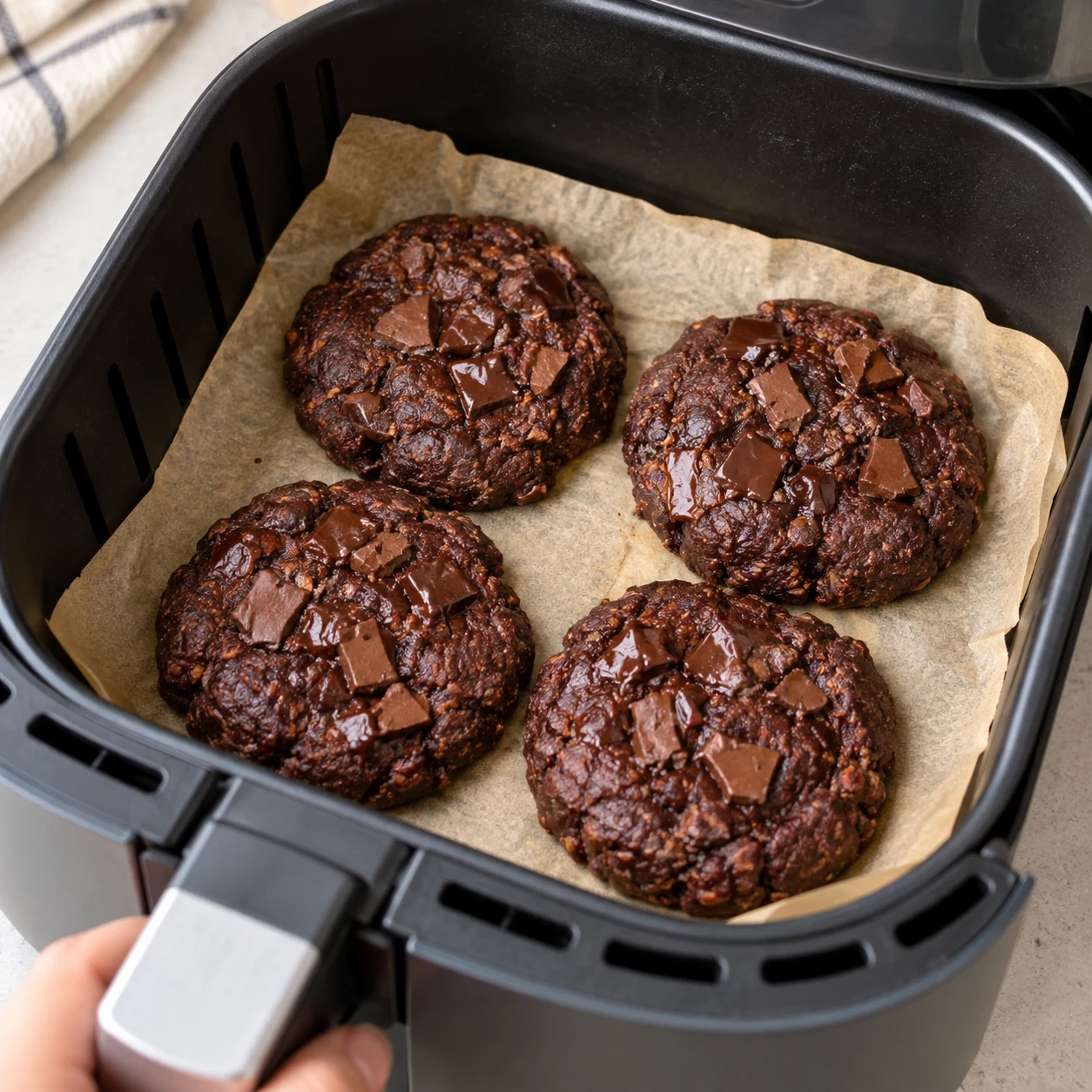 Panier de friteuse à air ouvert avec quatre cookies chocolat denses cuits sur papier cuisson, pépites fondues ; aucune personne.