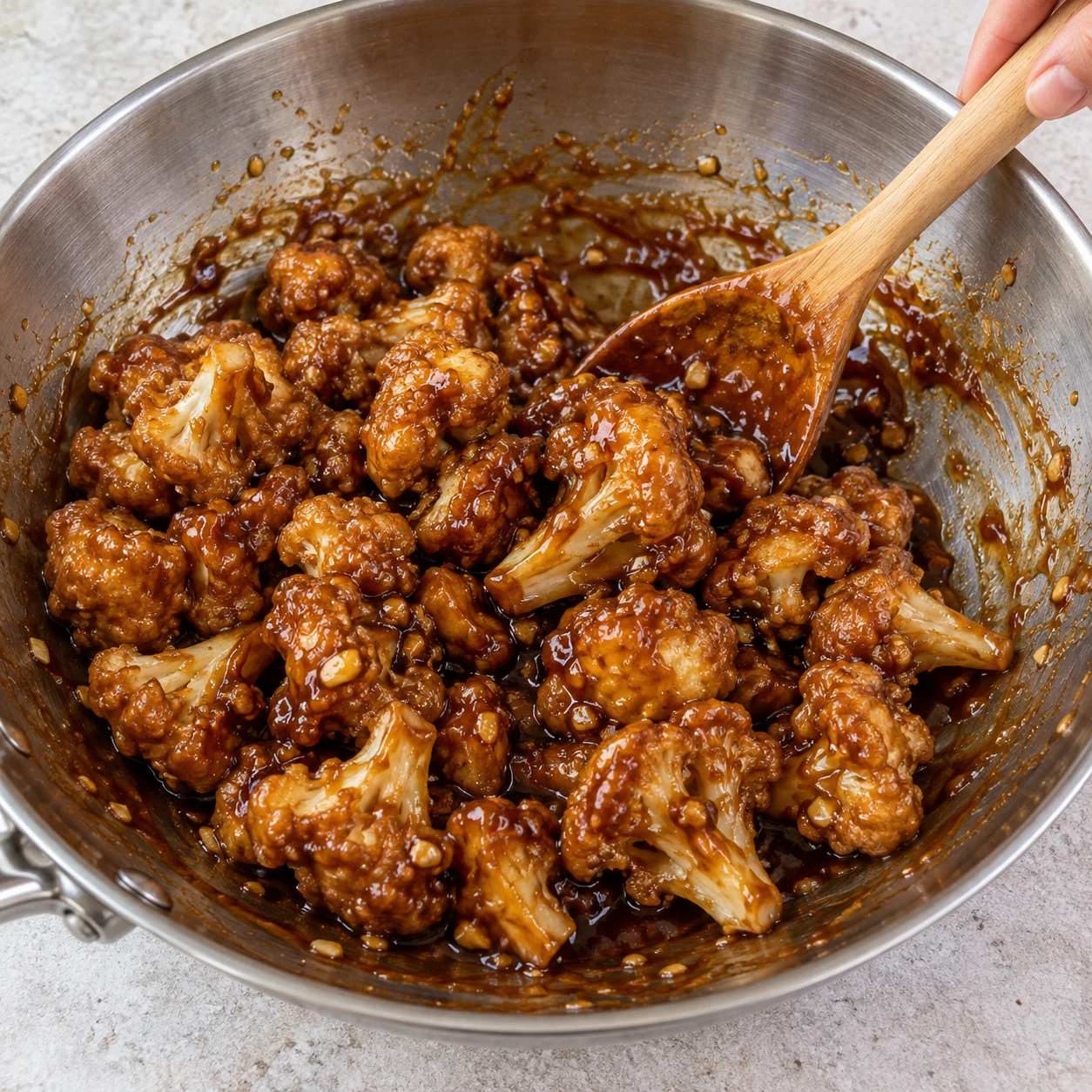 Fleurettes cuites et dorées ajoutées dans la sauce brune épaisse du wok ; cuillère, main anonyme, aucun pot ou miel.