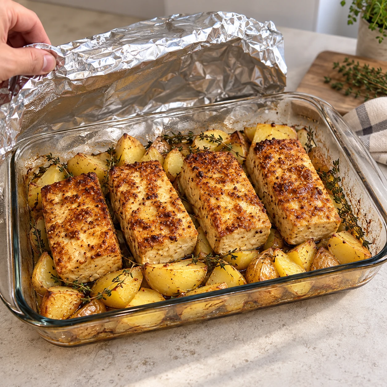 Plat en verre avec quatre pavés de tofu dorés sans feuille de brick, pommes de terre partiellement rôties et thym ; résultat de première cuisson.