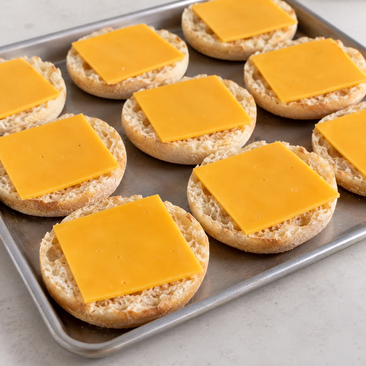 Tranche végétale orange déposée sur la mie d’un muffin anglais ouvert, autres demi-pains sur plaque neutre.