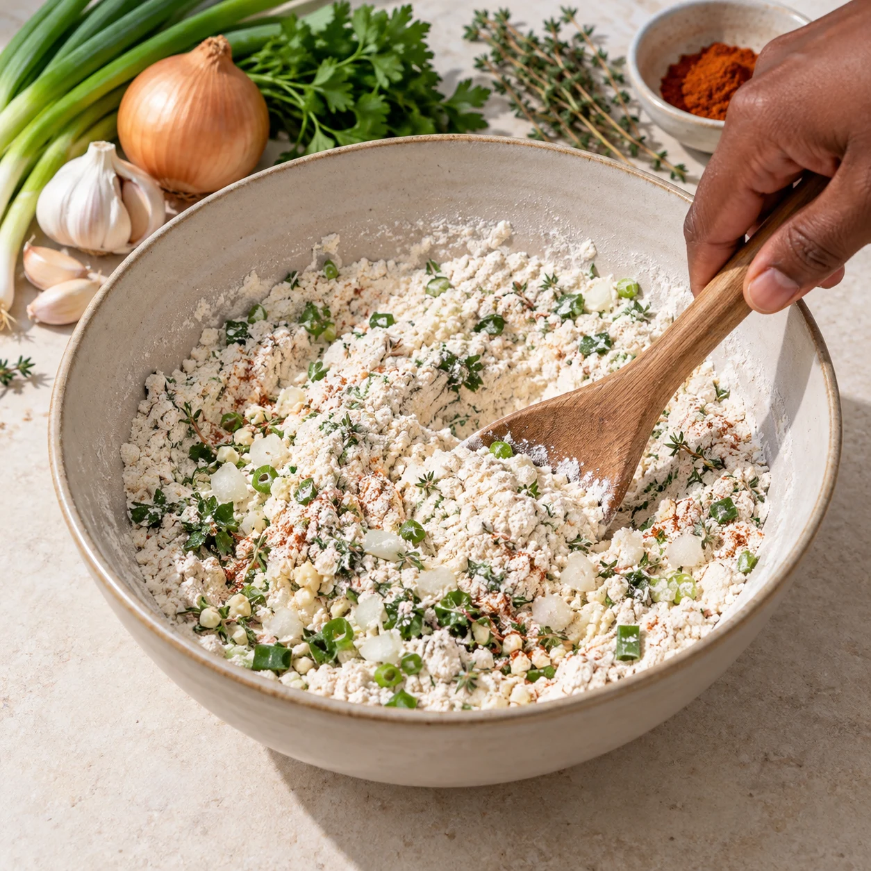 Bol neutre avec farine sèche, levure, petits aromates hachés et Cayenne en poudre, cuillère mélangeant la base ; pas encore de pois chiches ni d’eau.