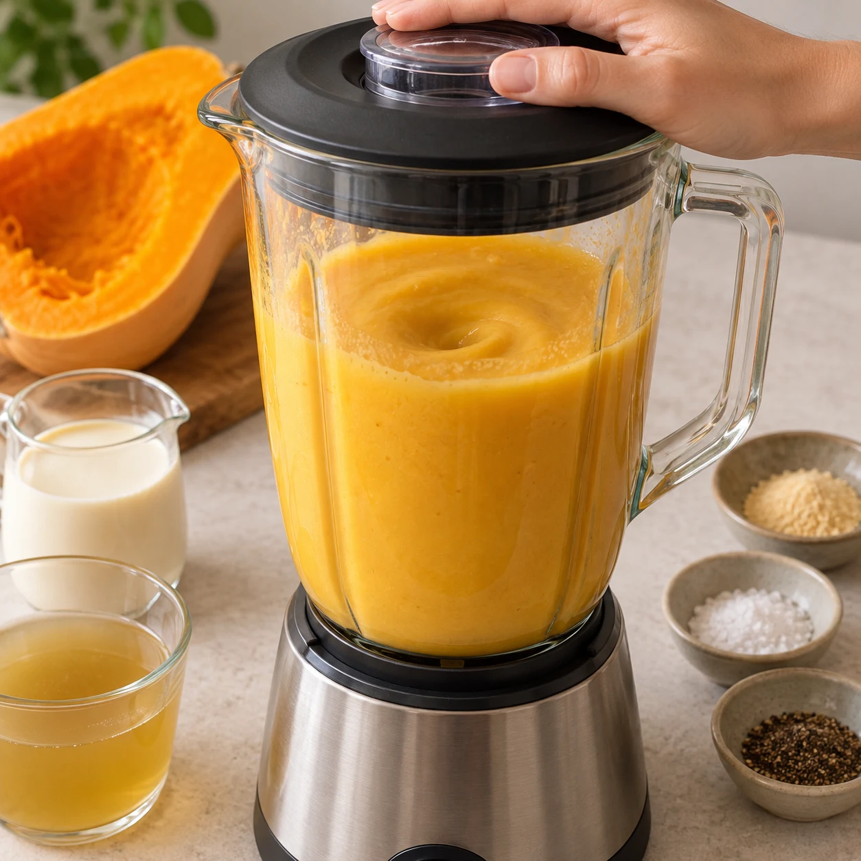 Mixe la chair de courge cuite avec la crème de soja, les 180 ml de bouillon de légumes reconstitué, l’ail en poudre, le sel et le poivre au goût pour obtenir une sauce lisse.