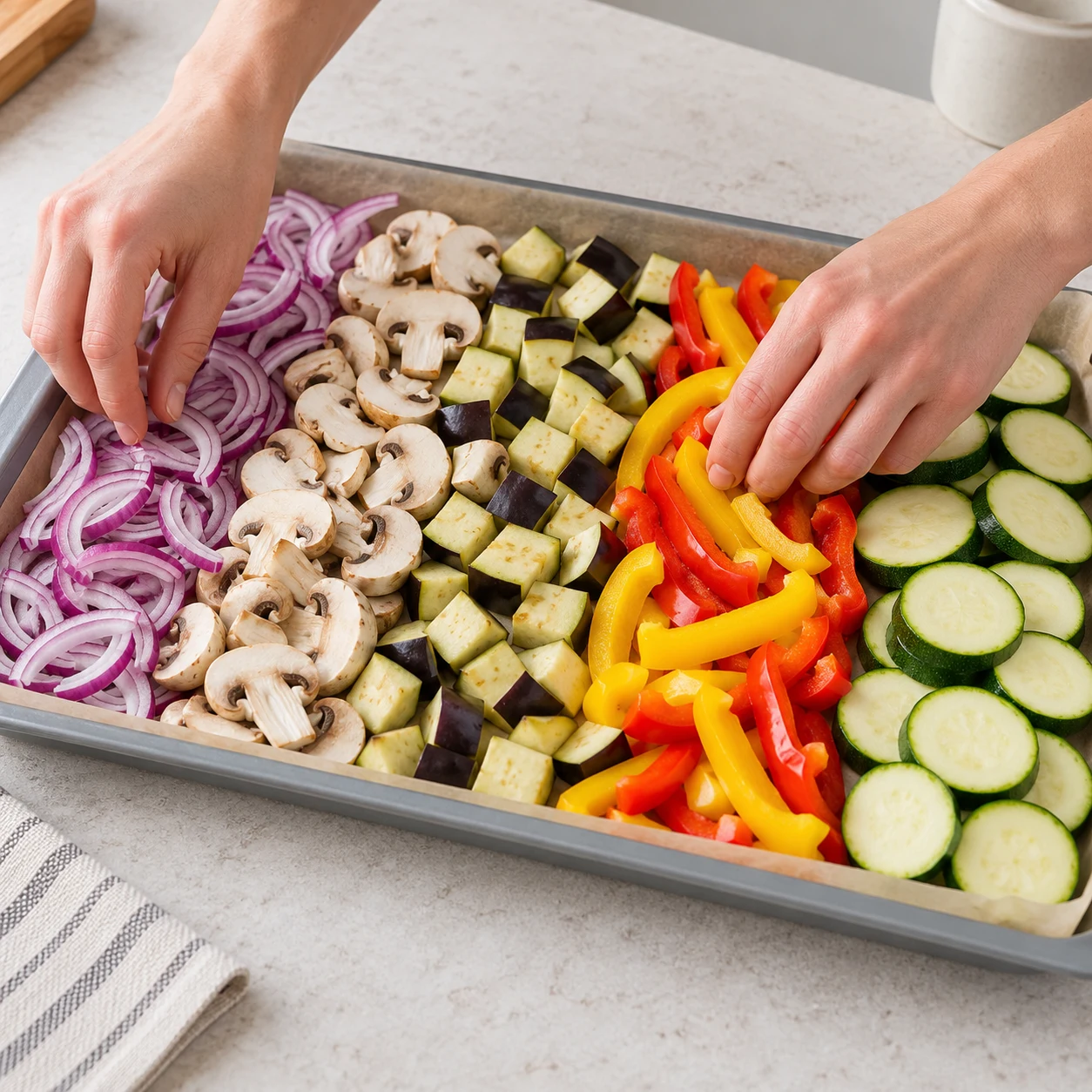Plaque de cuisson garnie de papier cuisson avec, rangés par bandes, l’oignon rouge, les champignons, les cubes d’aubergine, les lanières de poivrons et les rondelles de courgette, mains adultes anonymes étalant les légumes.