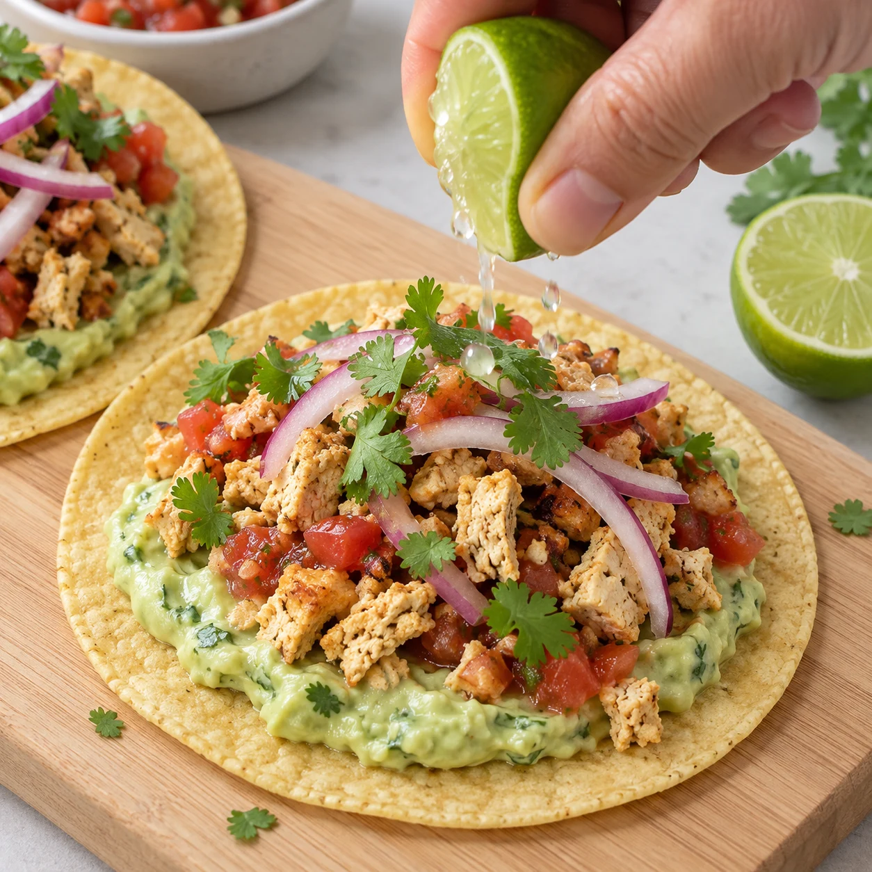Main adulte anonyme pressant une moitié de citron vert au-dessus des tortillas garnies, quelques gouttes visibles. Tofu nature beige doré et oignon rouge cru violet et blanc pour la version bis.