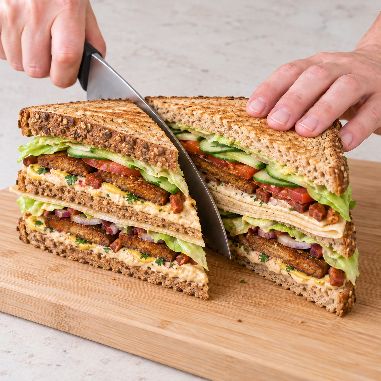 Deux moitiés de club-sandwich végane à deux étages, coupe montrant pain brun, steaks végétaux paprika, lardons végétaux fumés, galette de blé, concombre, tomate et iceberg.
