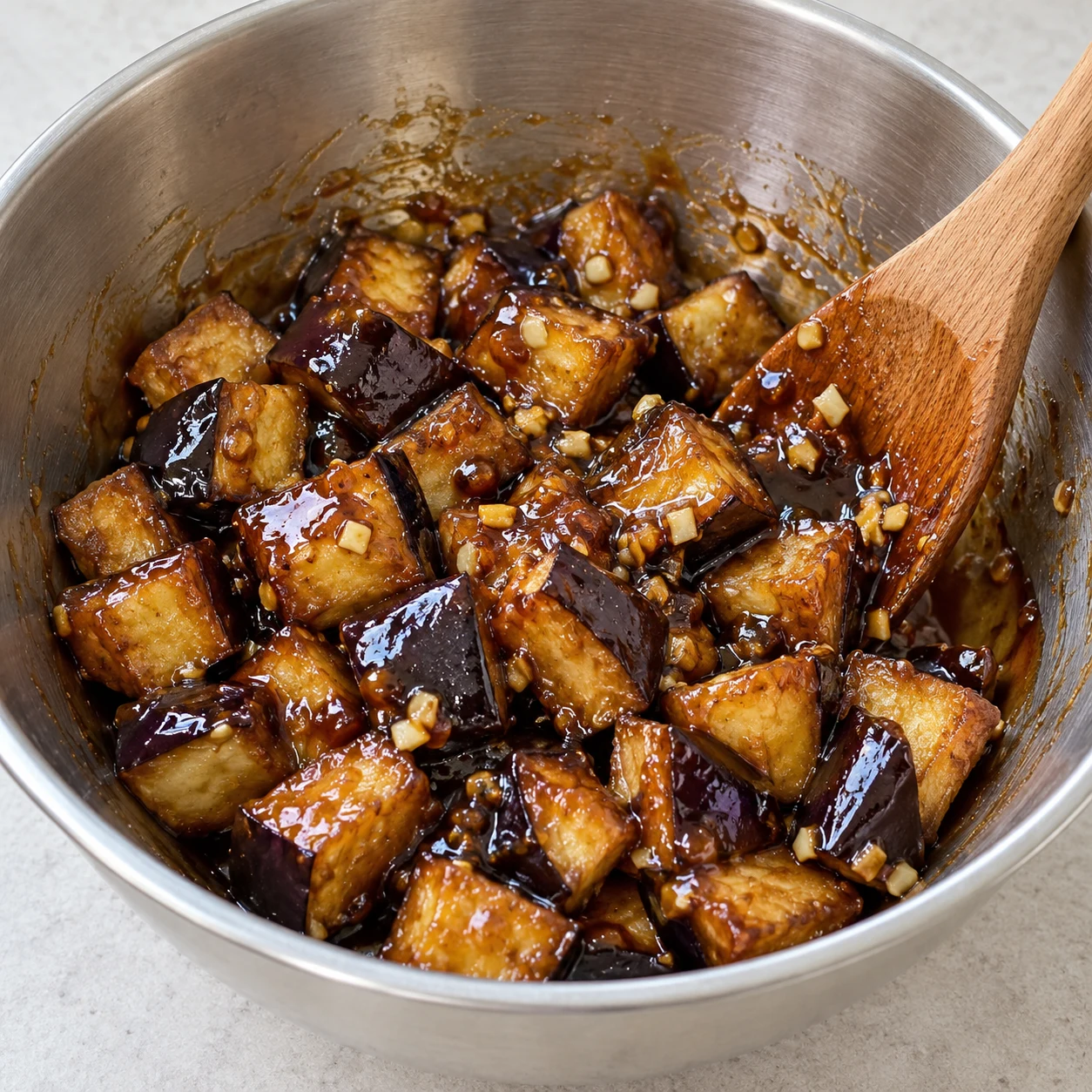 Sauce brune versée sur les morceaux d’aubergine frits dans un saladier.