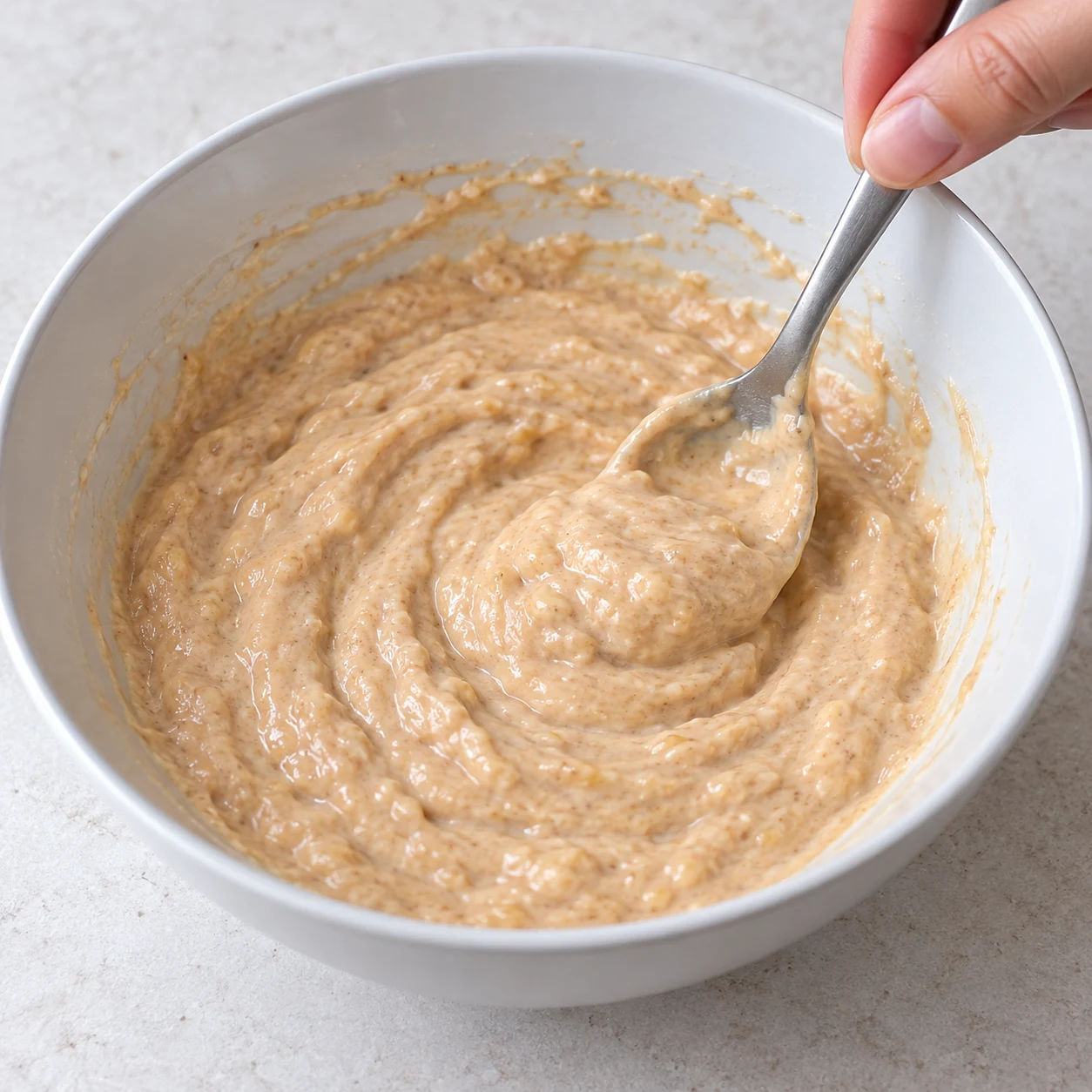 Une cuillère mélange une préparation beige banane soja cacahuète, aucun petit-suisse.