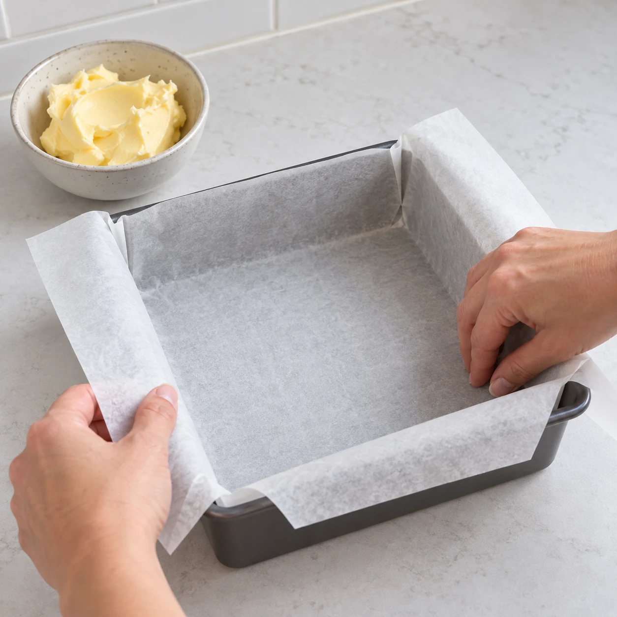 Un moule carré vide est tapissé de papier cuisson, mains anonymes ajustant le papier ; petit bol de margarine végétale souple à côté, aucun autre aliment.