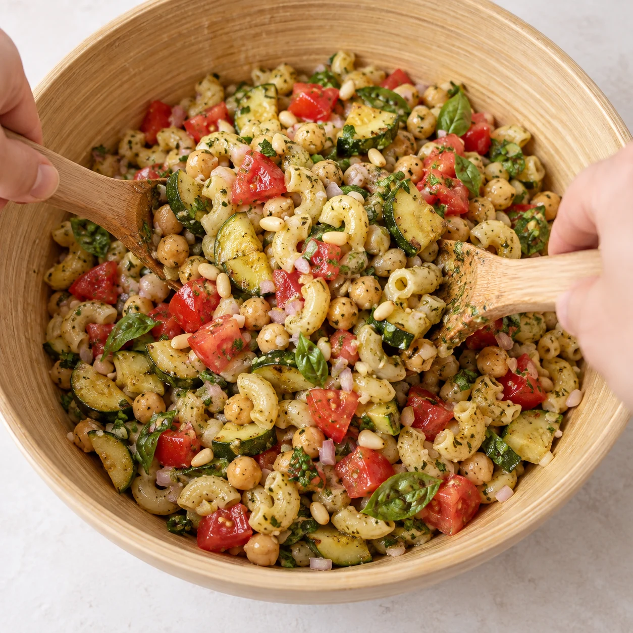 Une photographie carrée réaliste de « Enrober la salade de sauce ». La sauce recouvre les pâtes sans former une grande flaque au fond. Seulement les ingrédients autorisés à cette étape. Mains adultes anonymes si le geste l’exige, aucune personne identifiable ni texte.