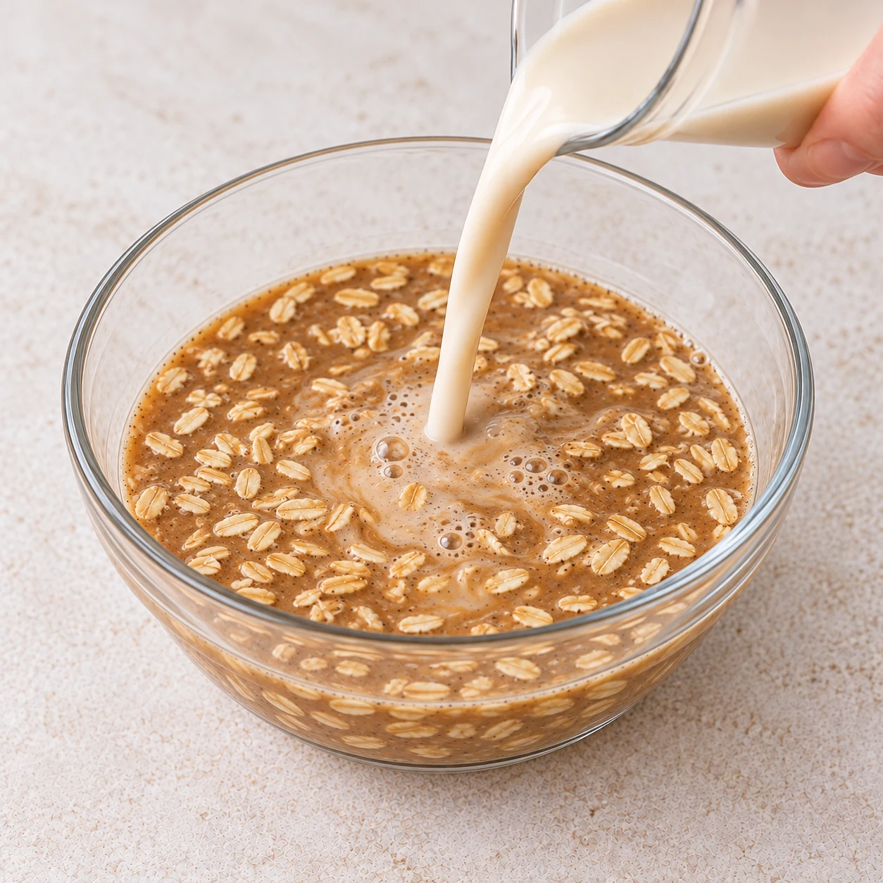 Verser le lait végétal clair dans le bol d’avoine, flocons d’avoine supplémentaires et café ; l’arôme vanille est incorporé au liquide.