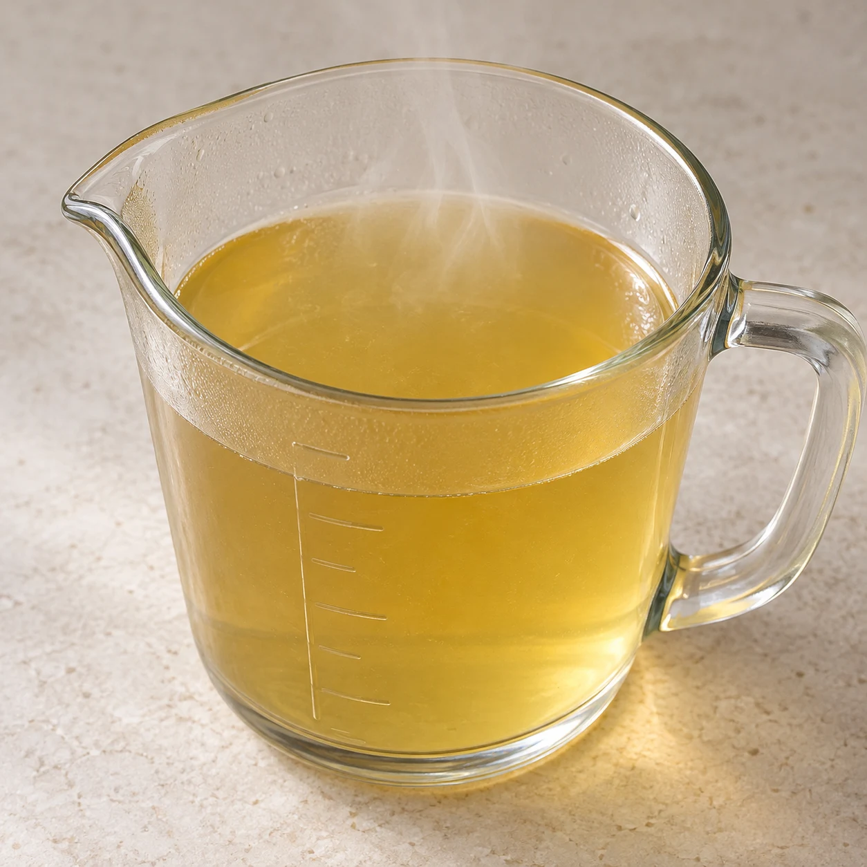 Bouillon clair chaud dans un pichet gradué sans texte visible.
