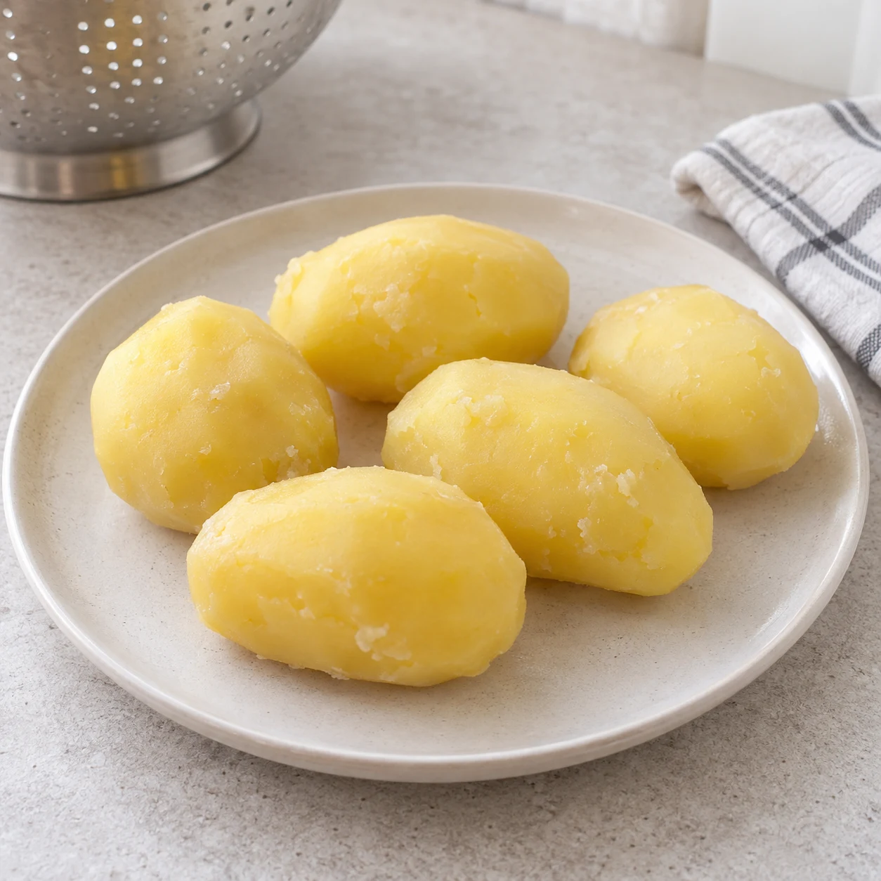 Pommes de terre entières pelées et précuites refroidissant sur une assiette neutre, sans mains.