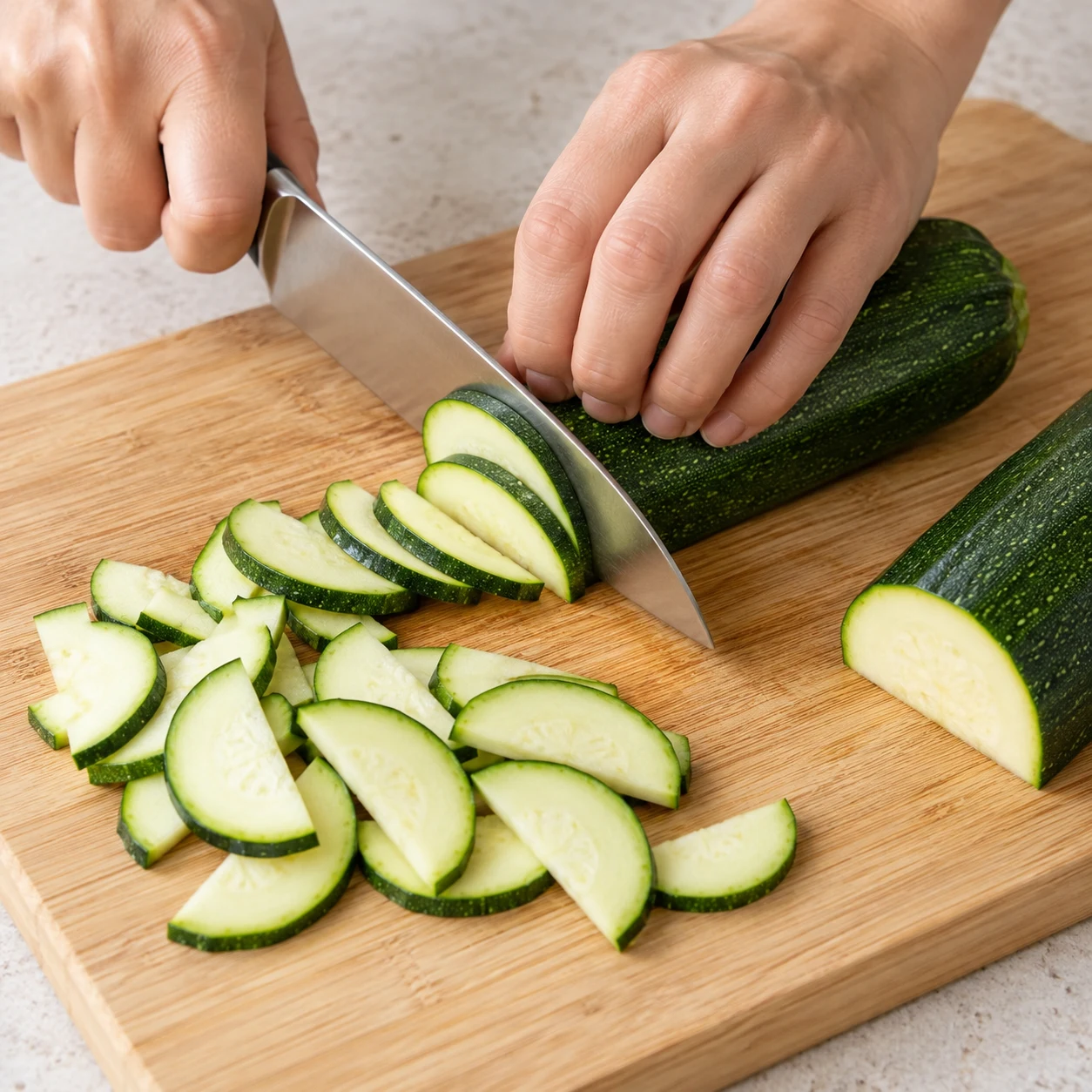 Couper la courgette : Les demi-lunes sont régulières et restent faciles à saisir.
