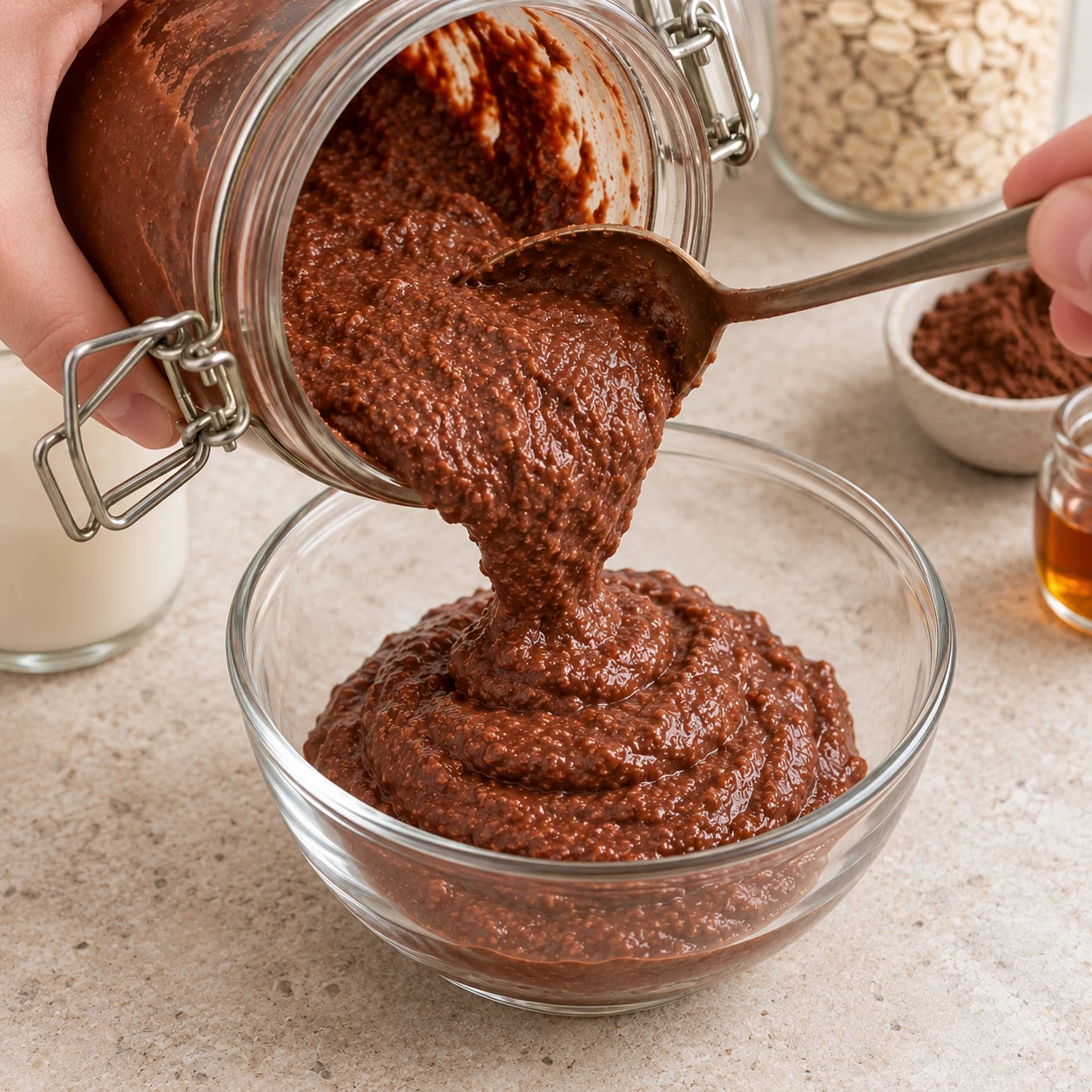 Crème chocolatée épaisse transférée à la cuillère du bocal dans un bol.