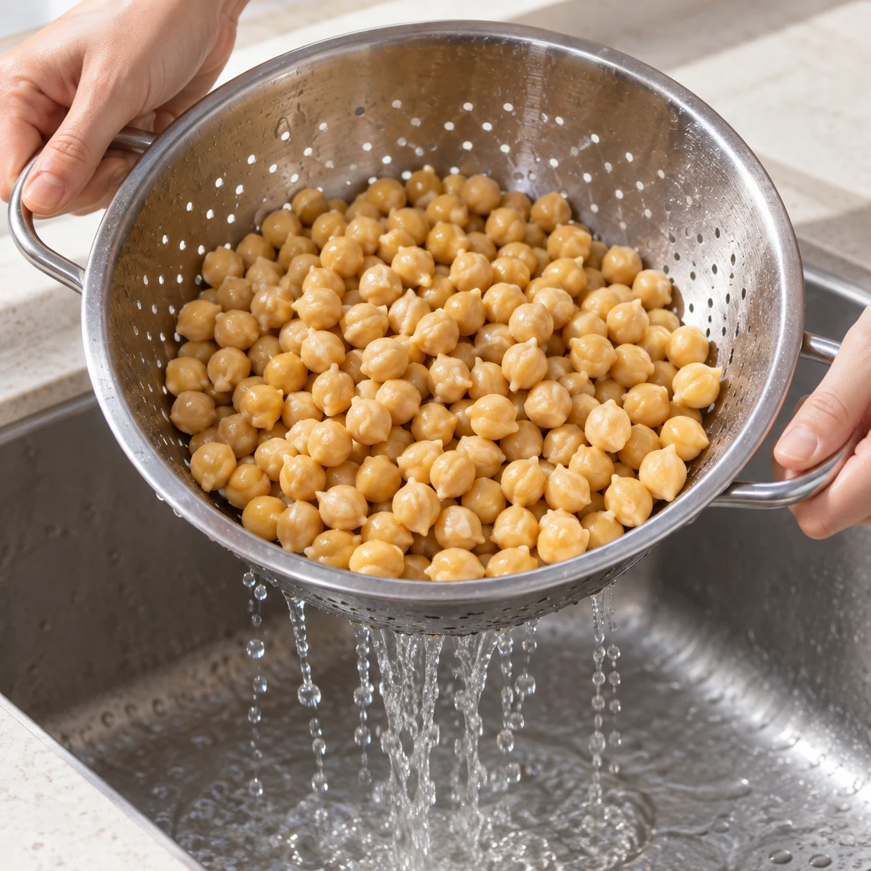 Pois chiches gonflés crus dans une passoire, eau qui s’écoule.