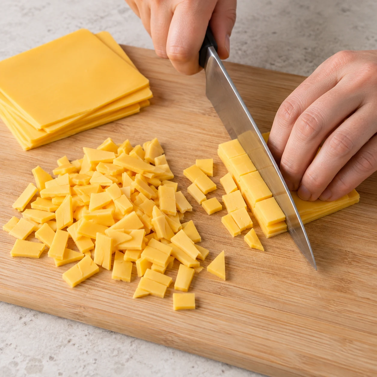 Découper le fromage végétal. Les tranches sont découpées en petits morceaux. Une seule action, plan de travail pierre pâle, ustensiles neutres ; seulement les ingrédients de cette étape.