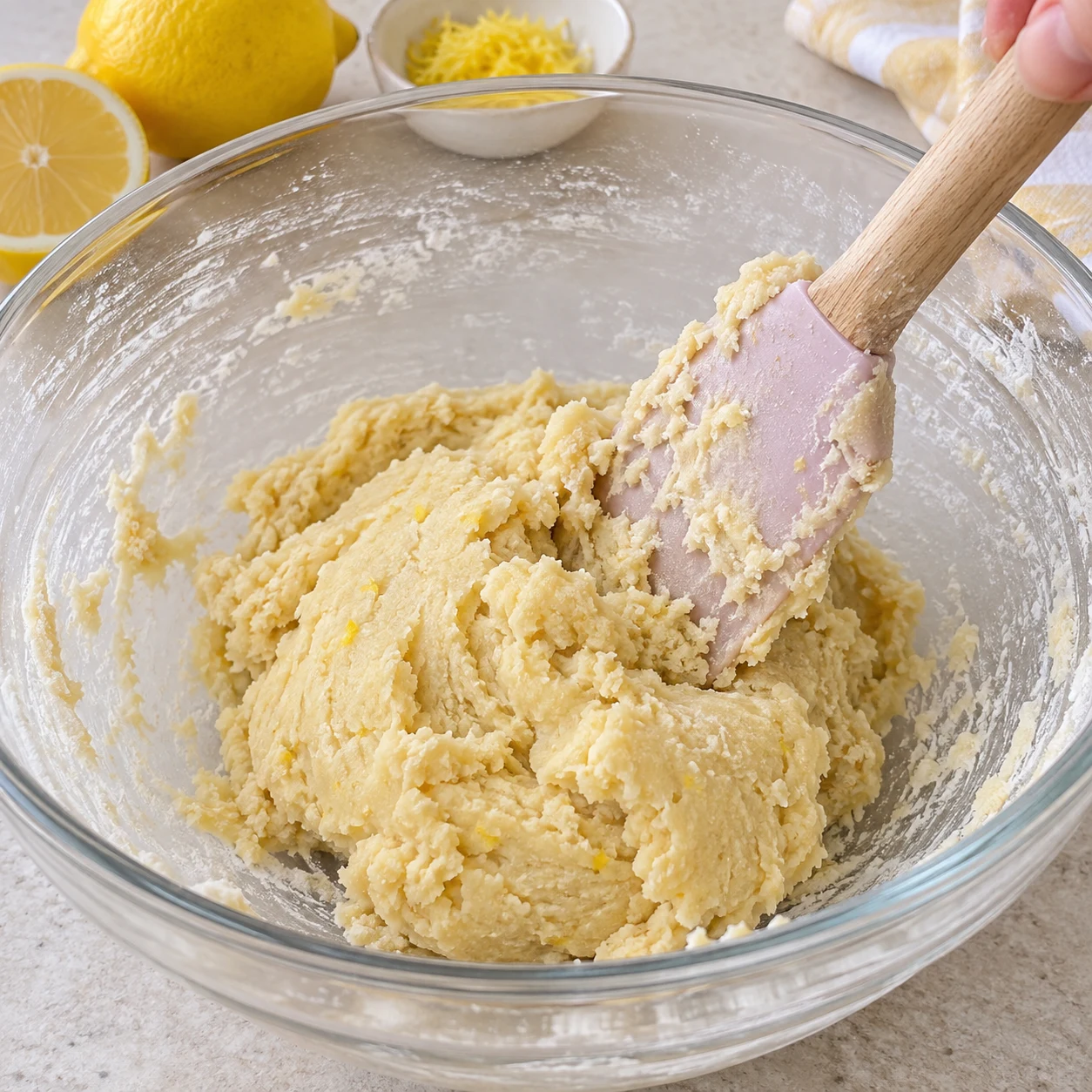 Spatule réunissant poudres blanches et crème jaune pâle en pâte à cookies citron.
