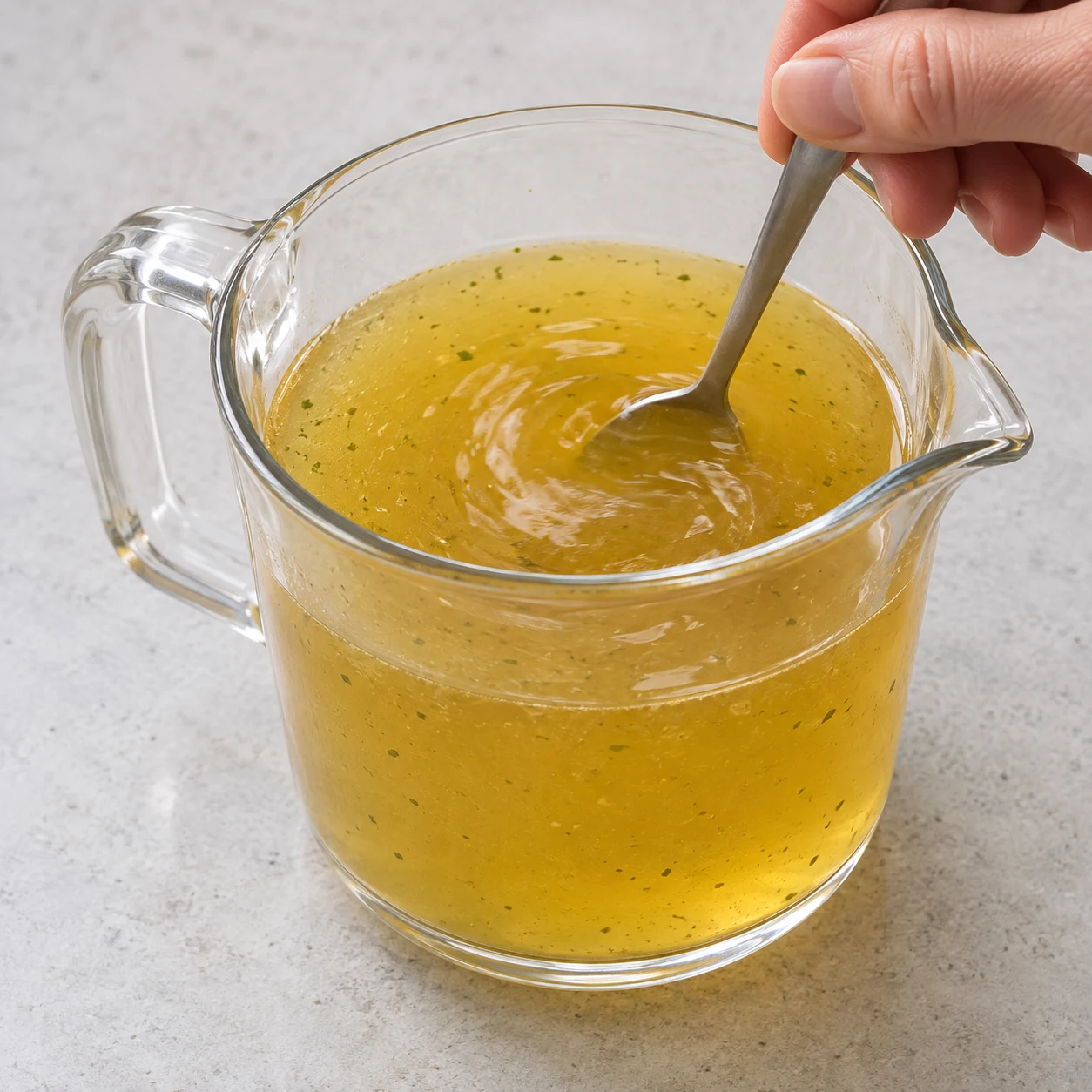 Petite cuillère mélangeant le bouillon doré dans un pichet sans graduations lisibles.