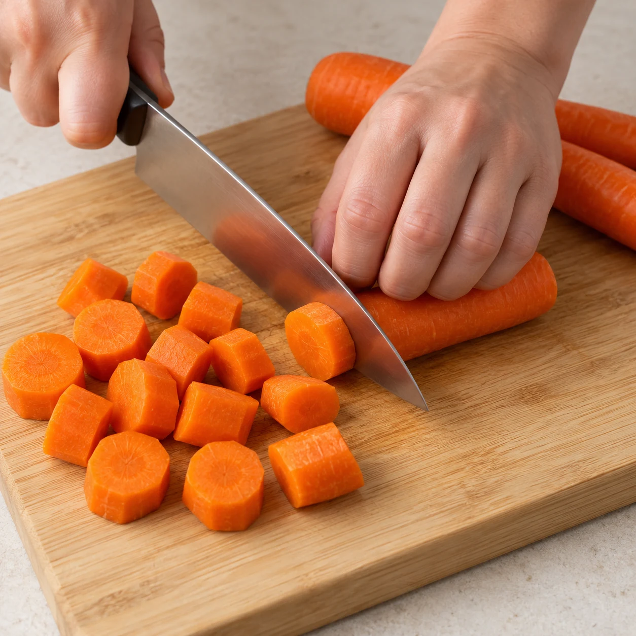 Coupez les carottes en morceaux sur une planche stable, avec les doigts repliés. Montrer uniquement les ingrédients présents à cette phase.