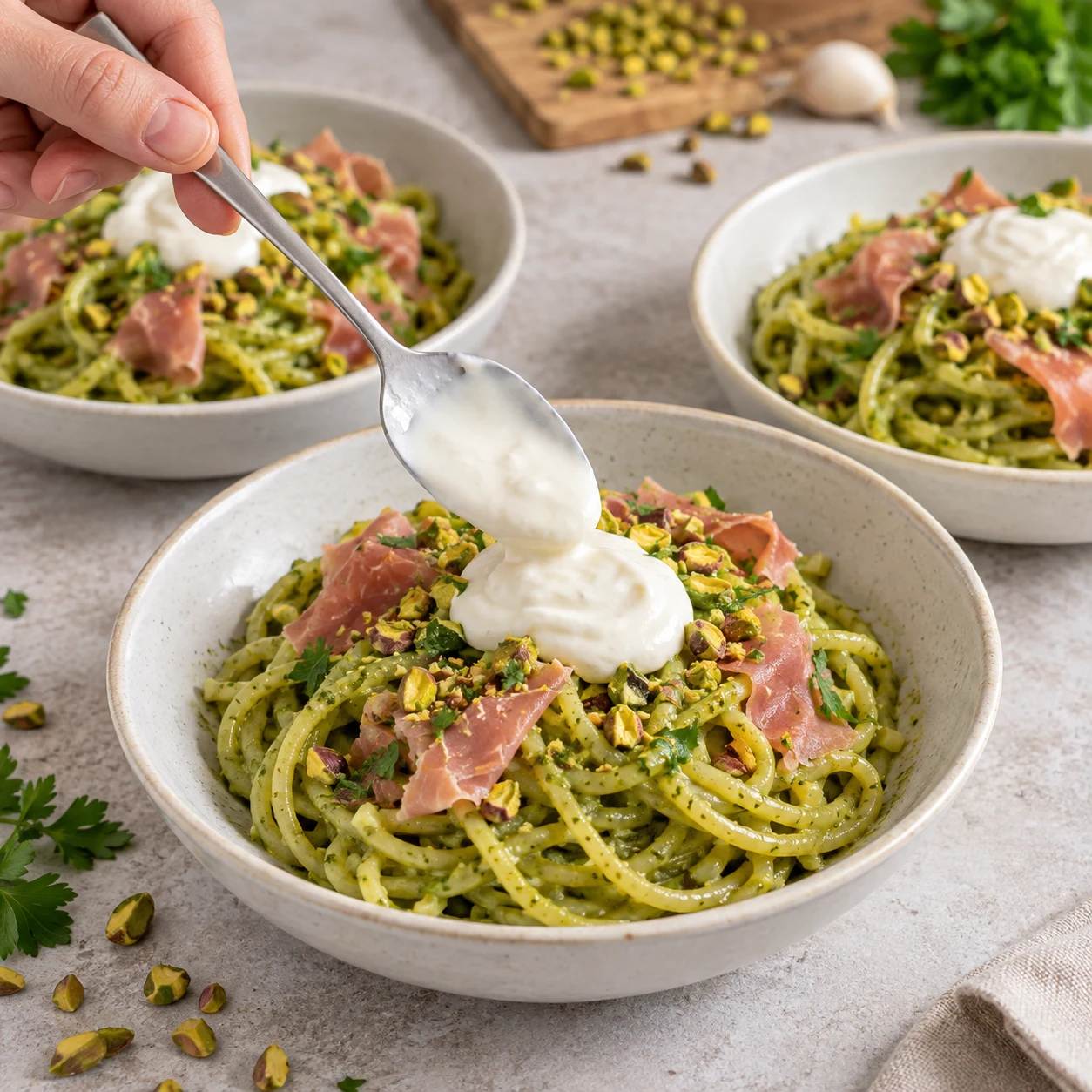 Cuillère déposant une petite touche de yaourt de soja blanc épais sur des spaghetti verts garnis de morceaux roses de jambon végétal et d’éclats de pistache ; aucun fromage laitier ni tofu.