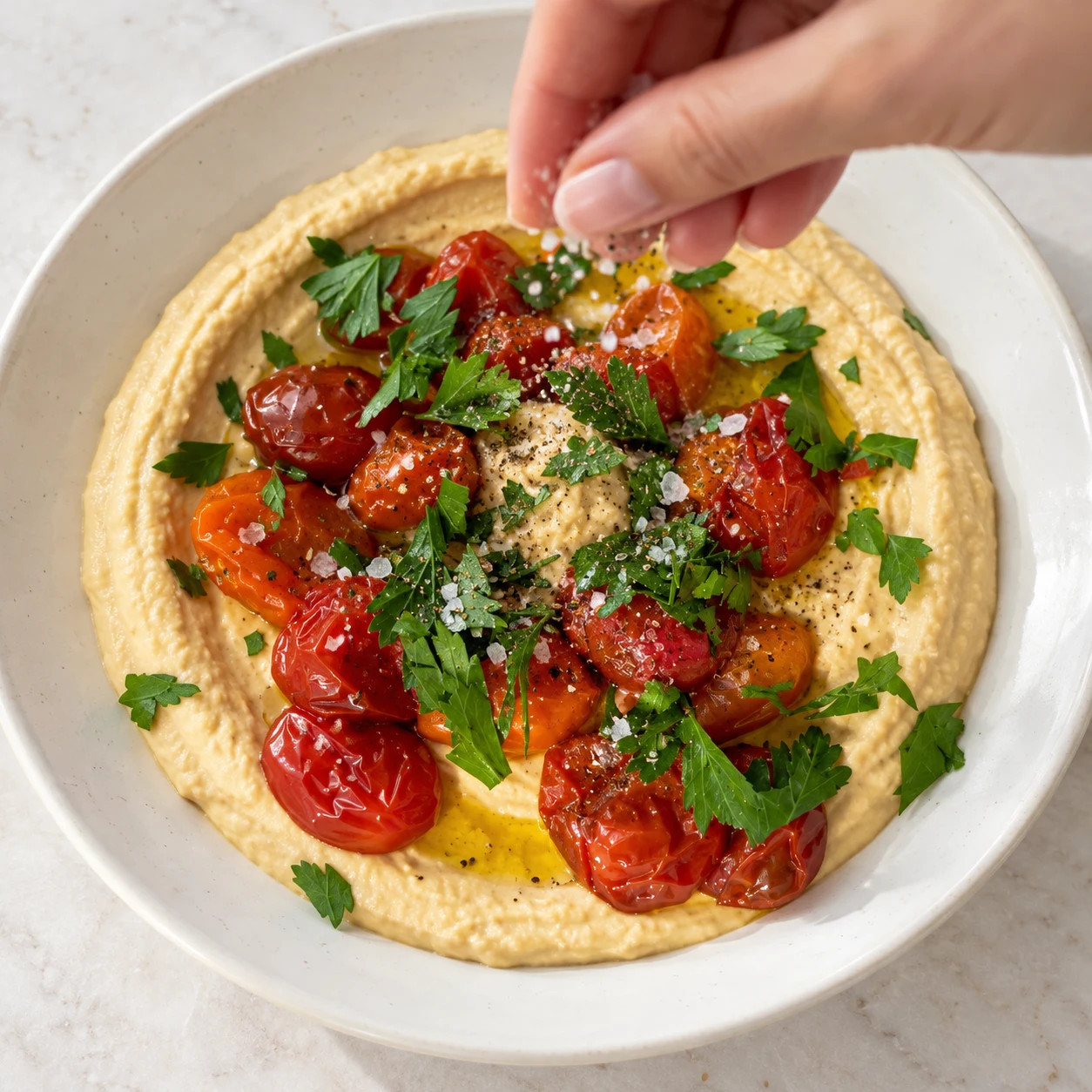 Main anonyme ajoutant l’assaisonnement sur le houmous aux tomates rôties et au persil.