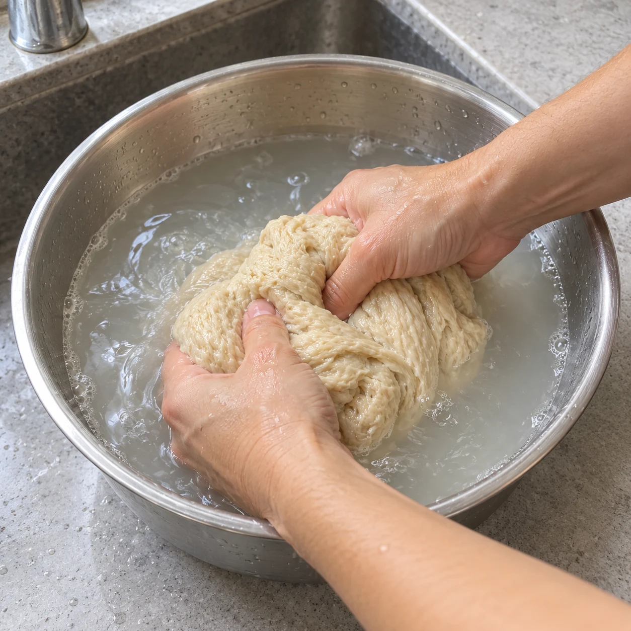 Laver la pâte : L’eau devient moins blanche et la pâte est élastique et plus ferme.