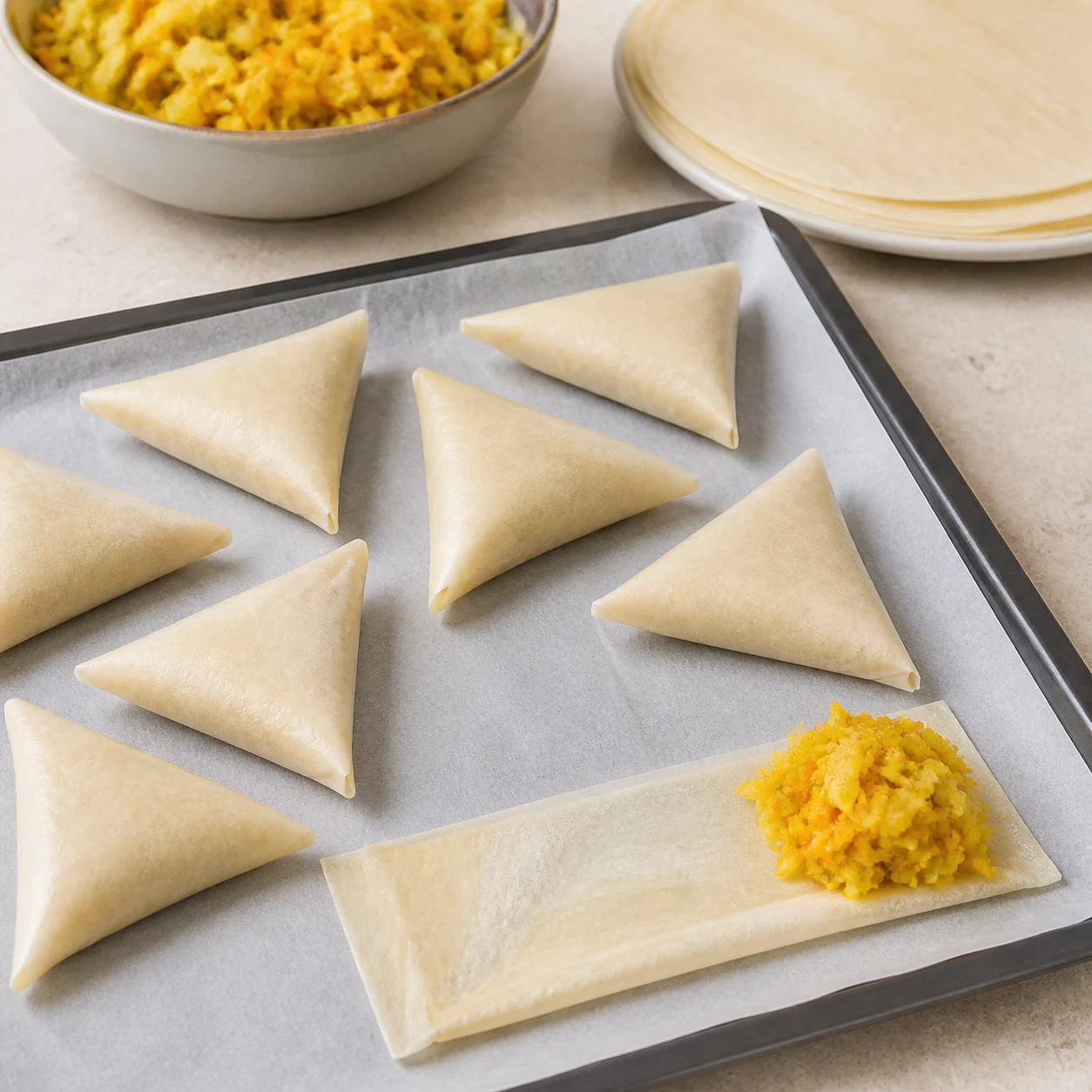 Plusieurs samoussas triangulaires en feuille de brick crue déjà pliés sur une plaque recouverte de papier sulfurisé, à côté une demi-feuille de brick repliée en rectangle portant une cuillerée de farce jaune de pomme de terre et carotte râpées. Aucune main, aucun texte, aucune marque.