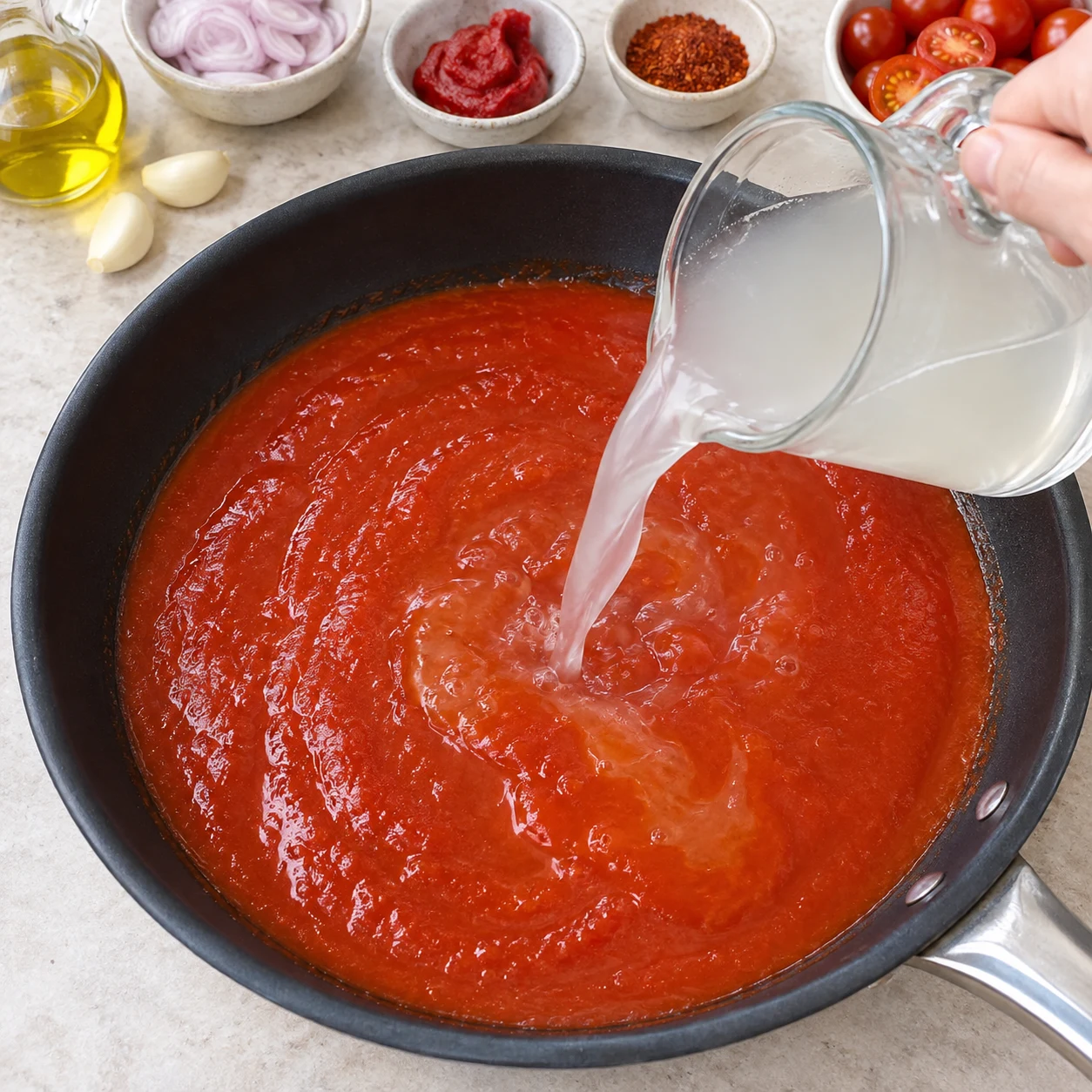 Verse les 150 ml d’eau de cuisson réservée dans la sauce filtrée. L’eau de cuisson est incorporée à la sauce.