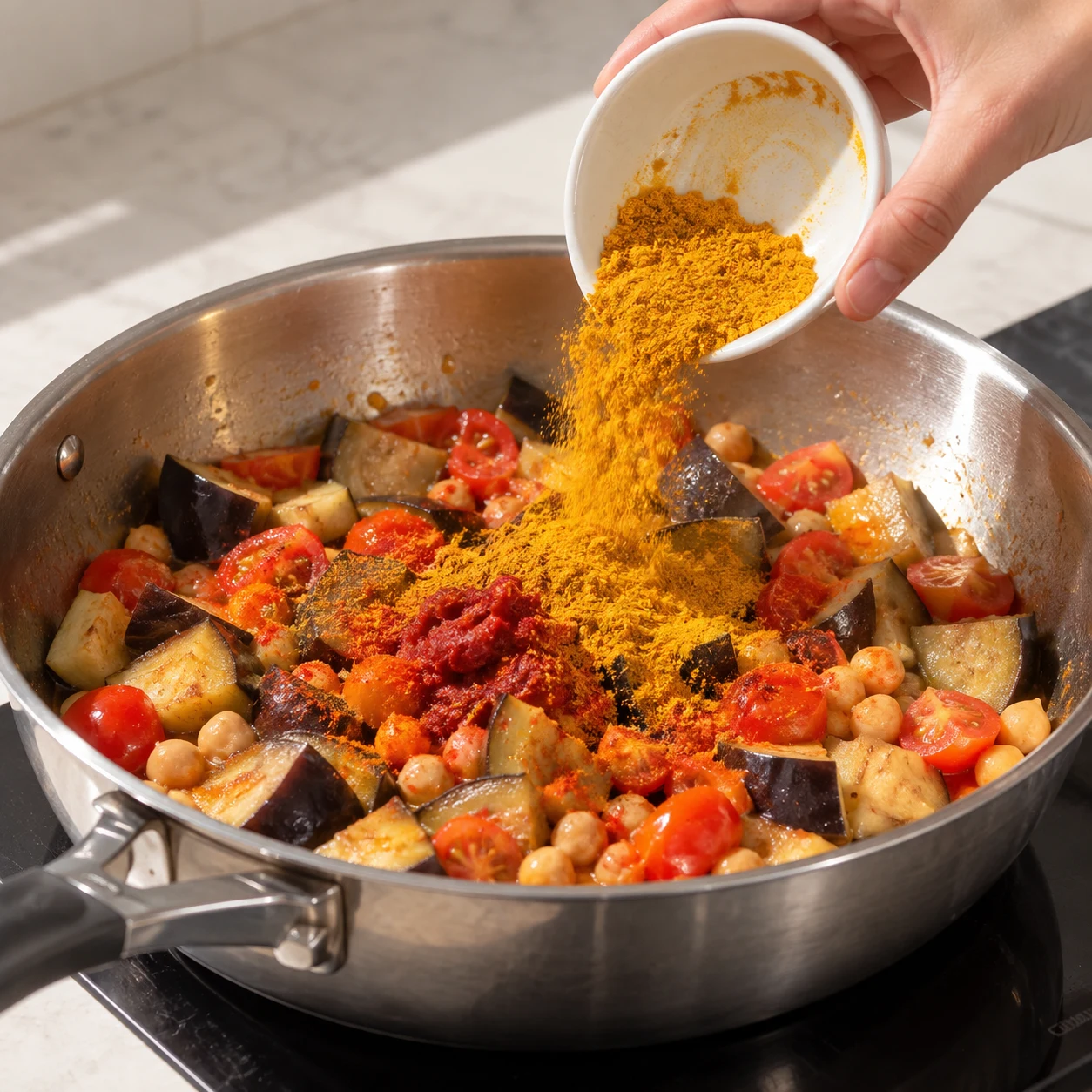 Petit bol neutre versant un mélange d’épices jaunes sur les légumes et le concentré de tomate.