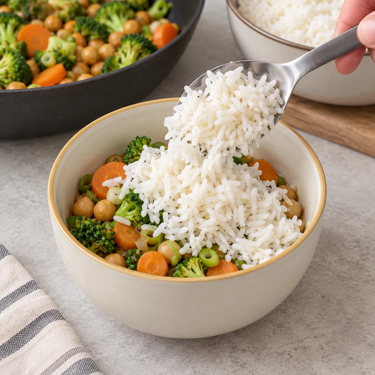 Ajout de riz blanc cuit au-dessus des légumes et pois chiches dans un bol.