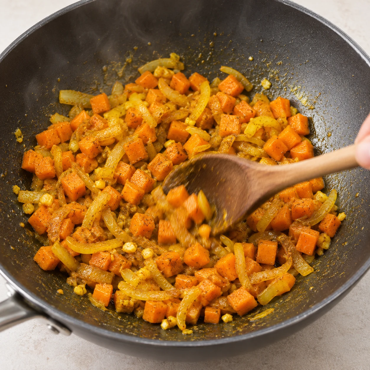 Cuillère remuant le mélange de carottes orange, lamelles d’oignon et ail couvert de poudre jaune, aucun pois ni liquide.