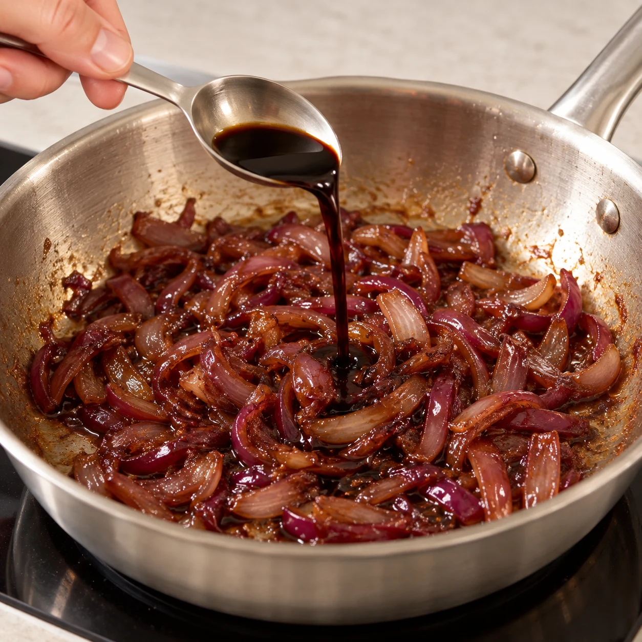 Vinaigre balsamique versé sur les oignons caramélisés dans leur poêle.