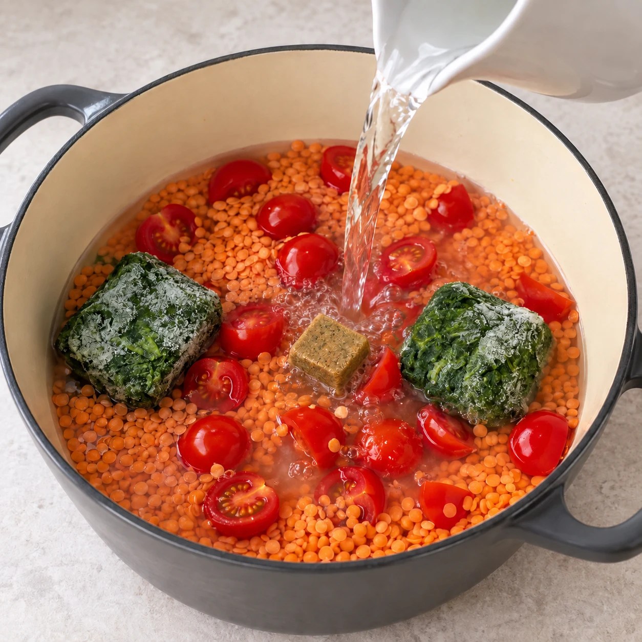 Eau claire versée depuis un petit récipient neutre dans le faitout contenant lentilles crues, moitiés de tomates cerises, blocs d’épinards surgelés et cube de bouillon, encore avant la cuisson.