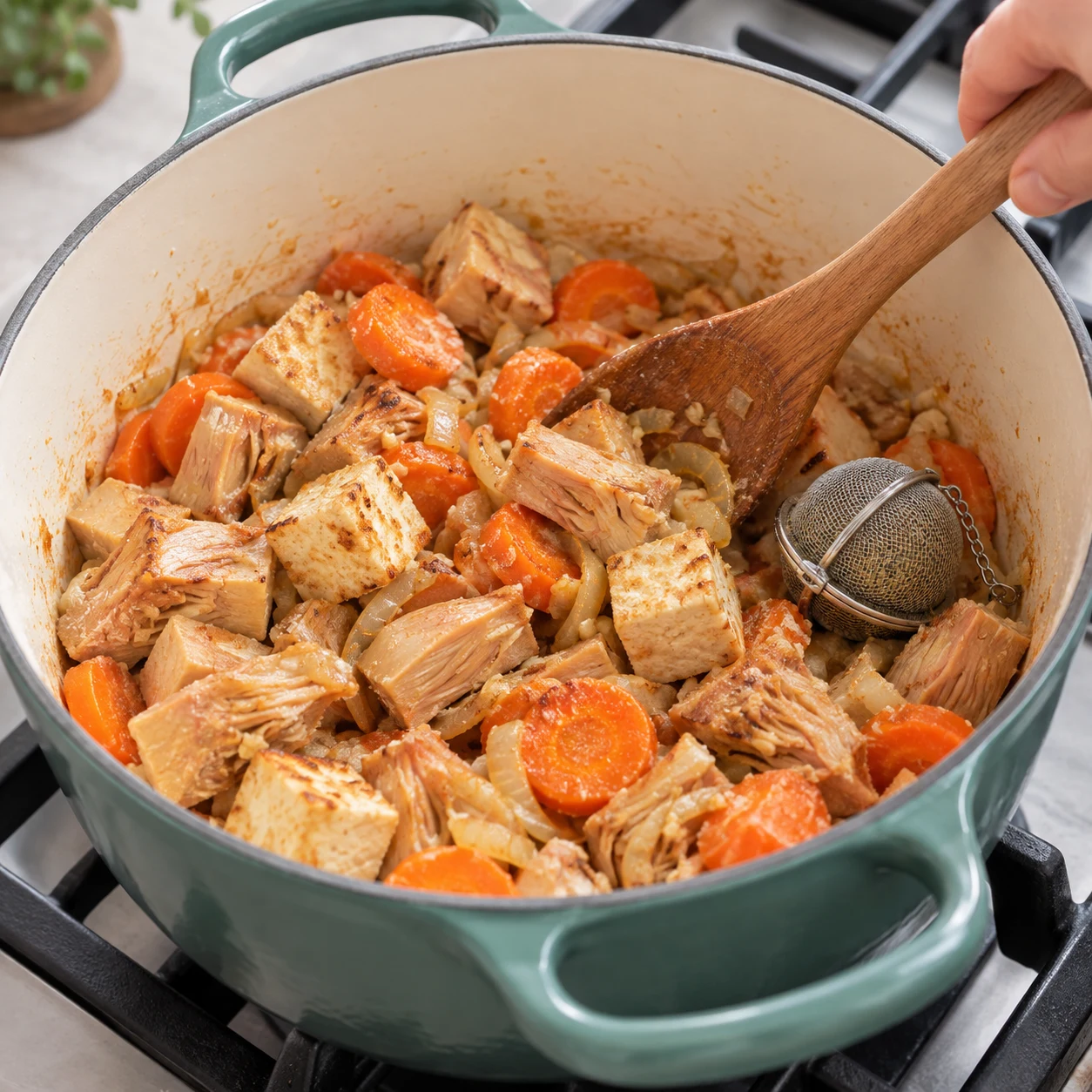 Laisse dorer l’ensemble pendant 5 minutes comme indiqué dans la recette d’origine. Montrer seulement les ingrédients présents à cette étape, fidèles à la capture source, dans un cadre de livre de cuisine neutre sans visage, texte ni marque. Adaptation validée : représenter des champignons de Paris blancs et une boule à épices contenant les herbes de Provence, uniquement lorsqu’ils sont présents dans cette étape.