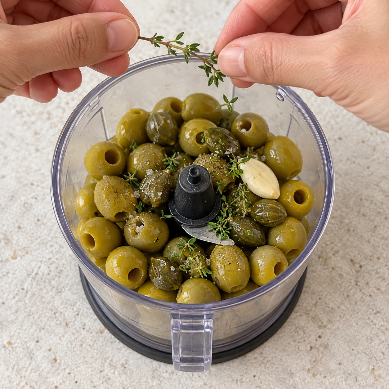 Bol transparent de petit mixeur contenant olives vertes dénoyautées, grandes câpres, une gousse d’ail pelée, petites feuilles de thym, sel et poivre discrets. Pas de citron ni d’huile à ce stade.