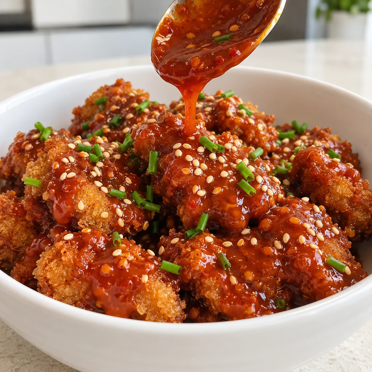 Sauce rouge brillante versée à la cuillère sur des morceaux de steak frits croustillantes dans un bol.