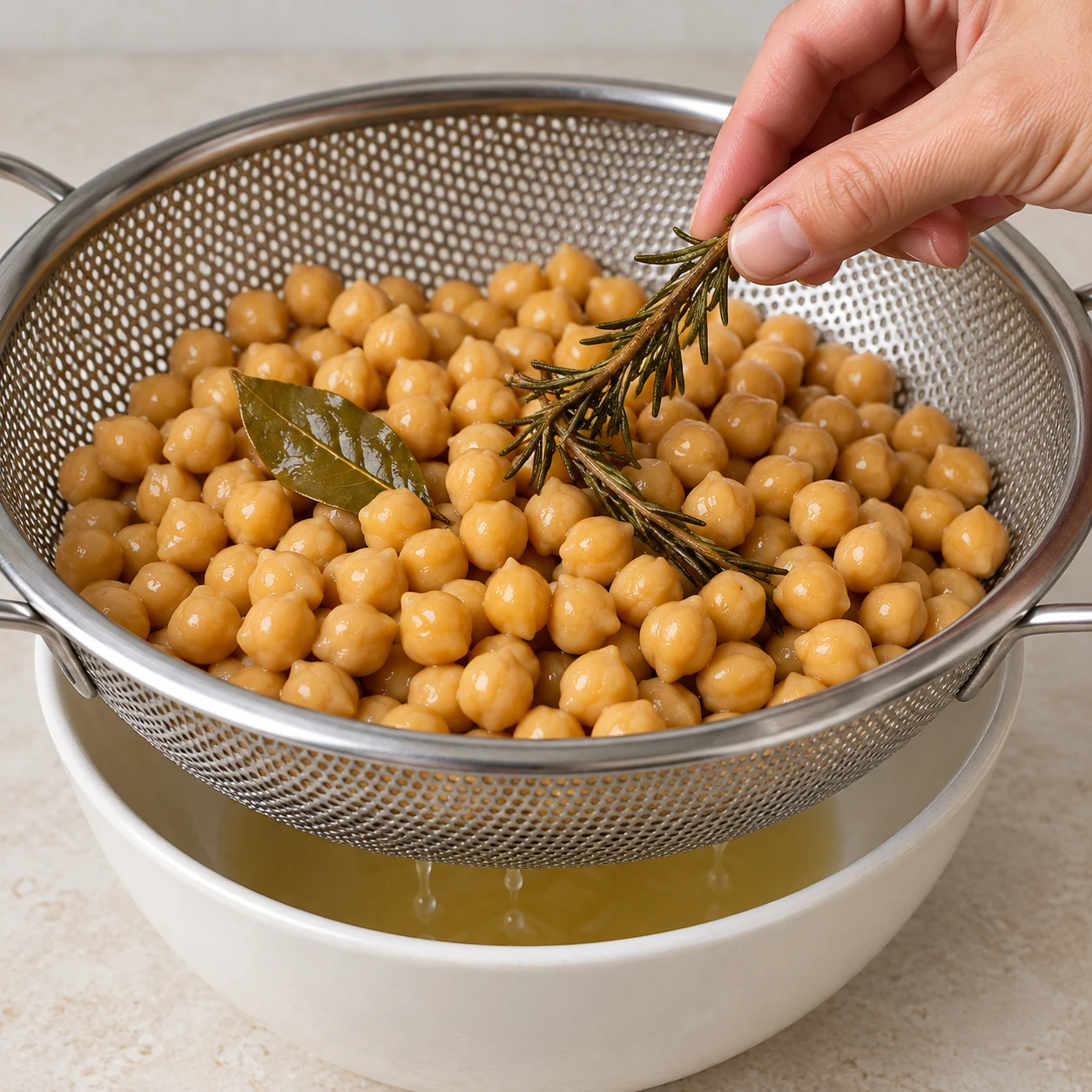 Passoire en inox au-dessus d'un saladier, pois chiches entiers couleur caramel qui s'égouttent, une main adulte retirant un brin de romarin.