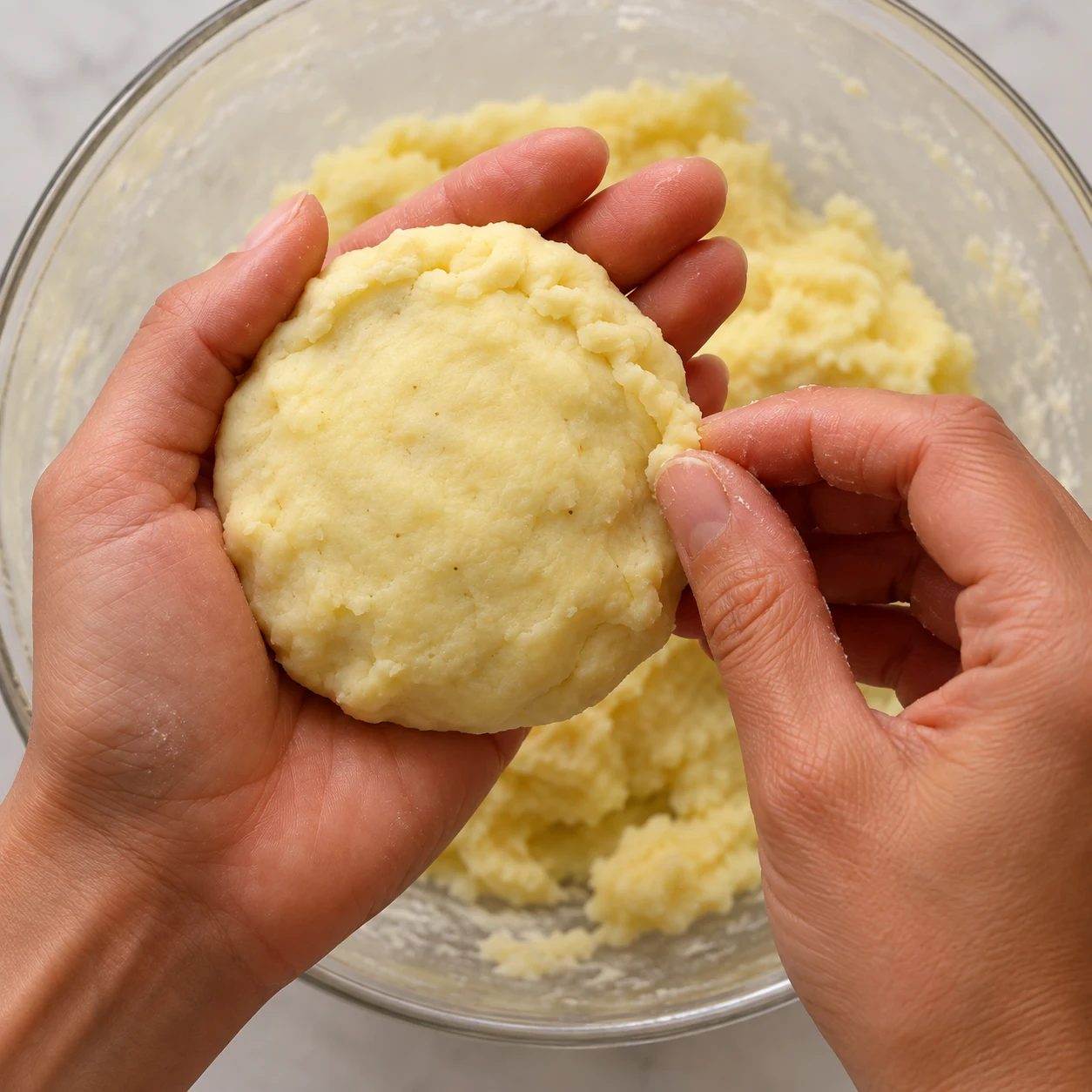 Recouvre la farce avec 1 càs de pâte et scelle soigneusement les bords pour former une galette. Montrer le geste et l’état attendu : La farce est entièrement enfermée et les bords ne présentent aucune ouverture.