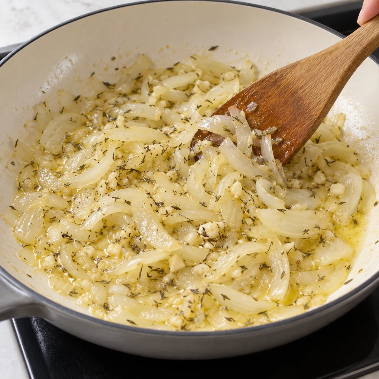 Poêle claire avec oignons translucides, petits morceaux d’ail et fines paillettes de thym séché dans la matière grasse fondue. Aucune feuille entière de sauge.