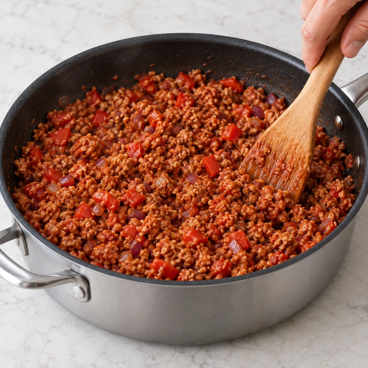 Incorpore la cuillère à soupe de concentré de tomates au mélange chaud. Montrer uniquement les ingrédients présents à ce stade, sur un plan de travail en pierre claire.
