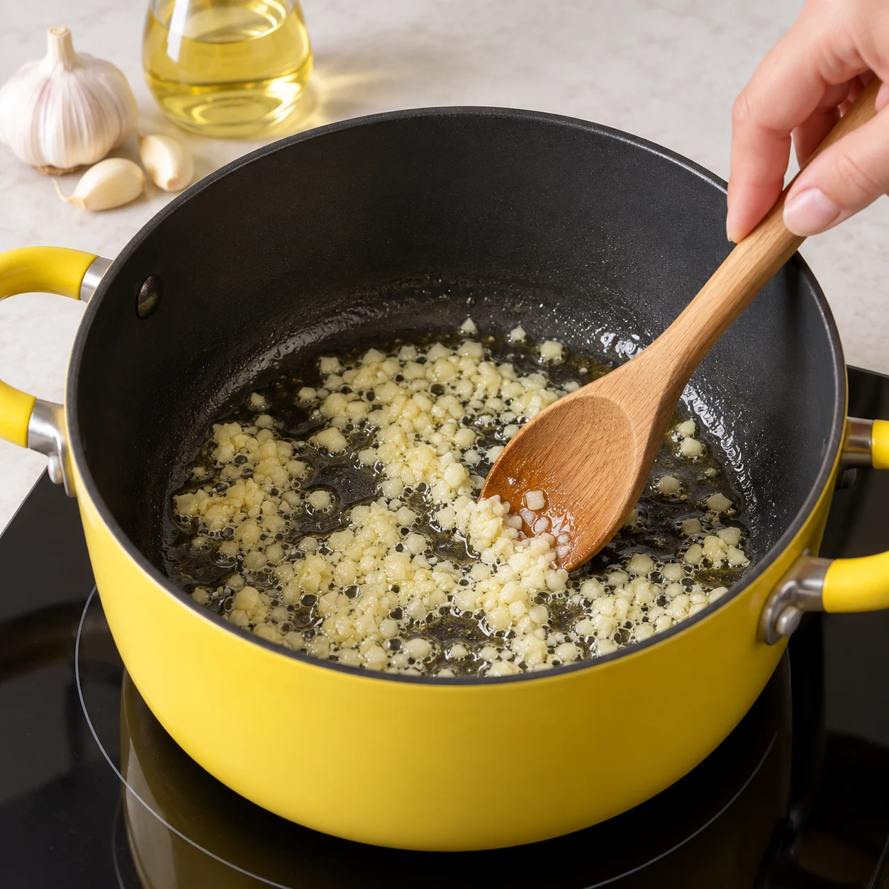 Faire revenir l’ail. Fais revenir l’ail haché dans une casserole avec un peu d’huile, jusqu’à ce qu’il libère son parfum sans brunir. Résultat : L’ail parfume l’huile sans coloration brune.. Uniquement : Ail frais, Huile de tournesol. Aucun ingrédient futur.