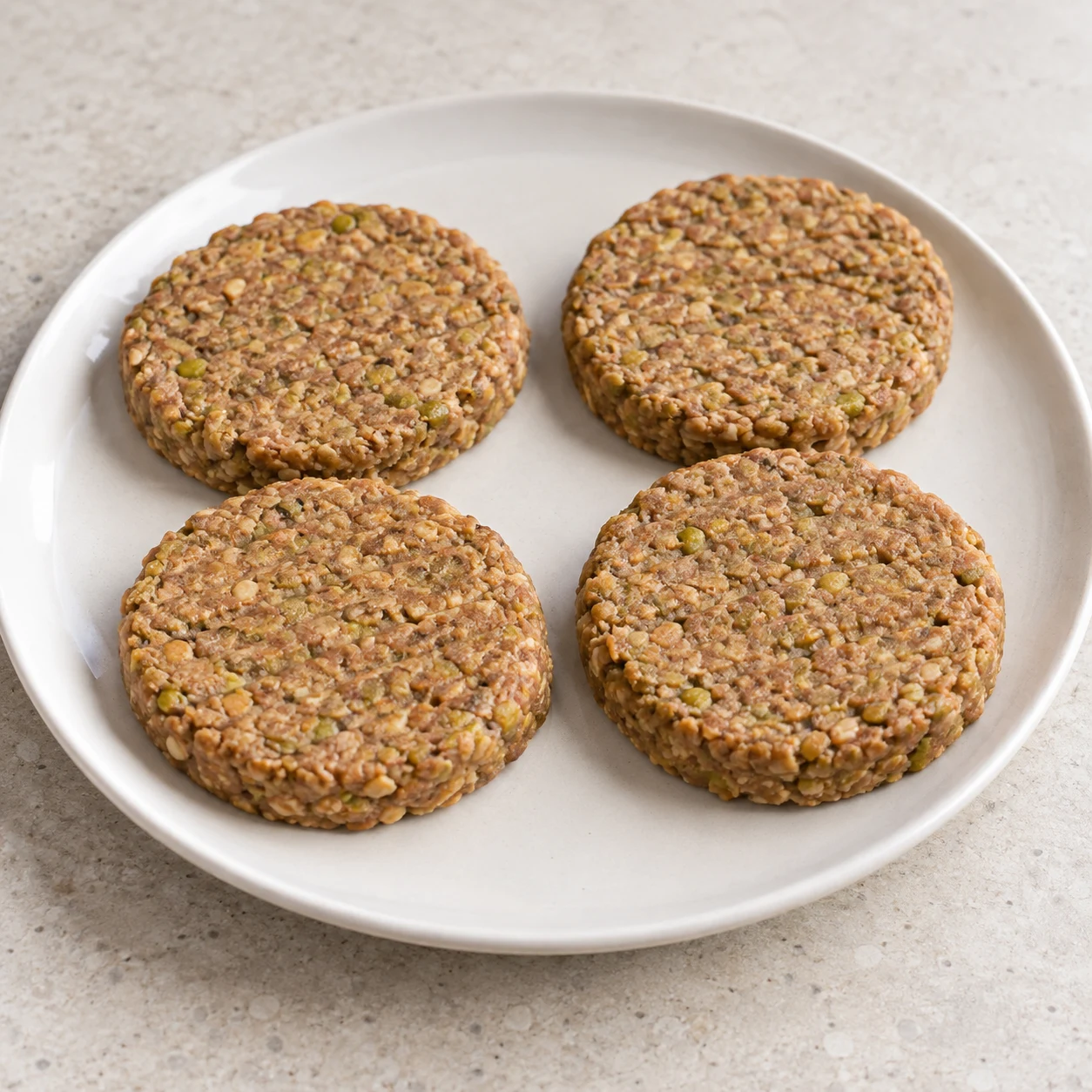 Quatre steaks végétaux déjà formés, aux bords arrondis crus prêts à cuisiner sur une assiette neutre, sans couteau, sans farine ni sauce.