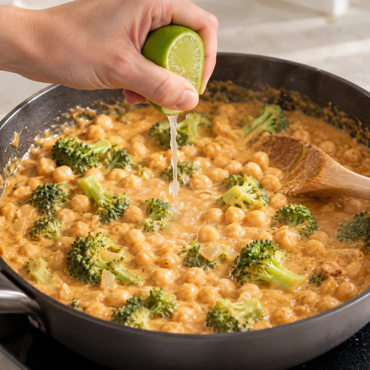 Mains anonymes pressant un citron vert au-dessus du curry pois chiches brocoli, sans herbes ni riz.