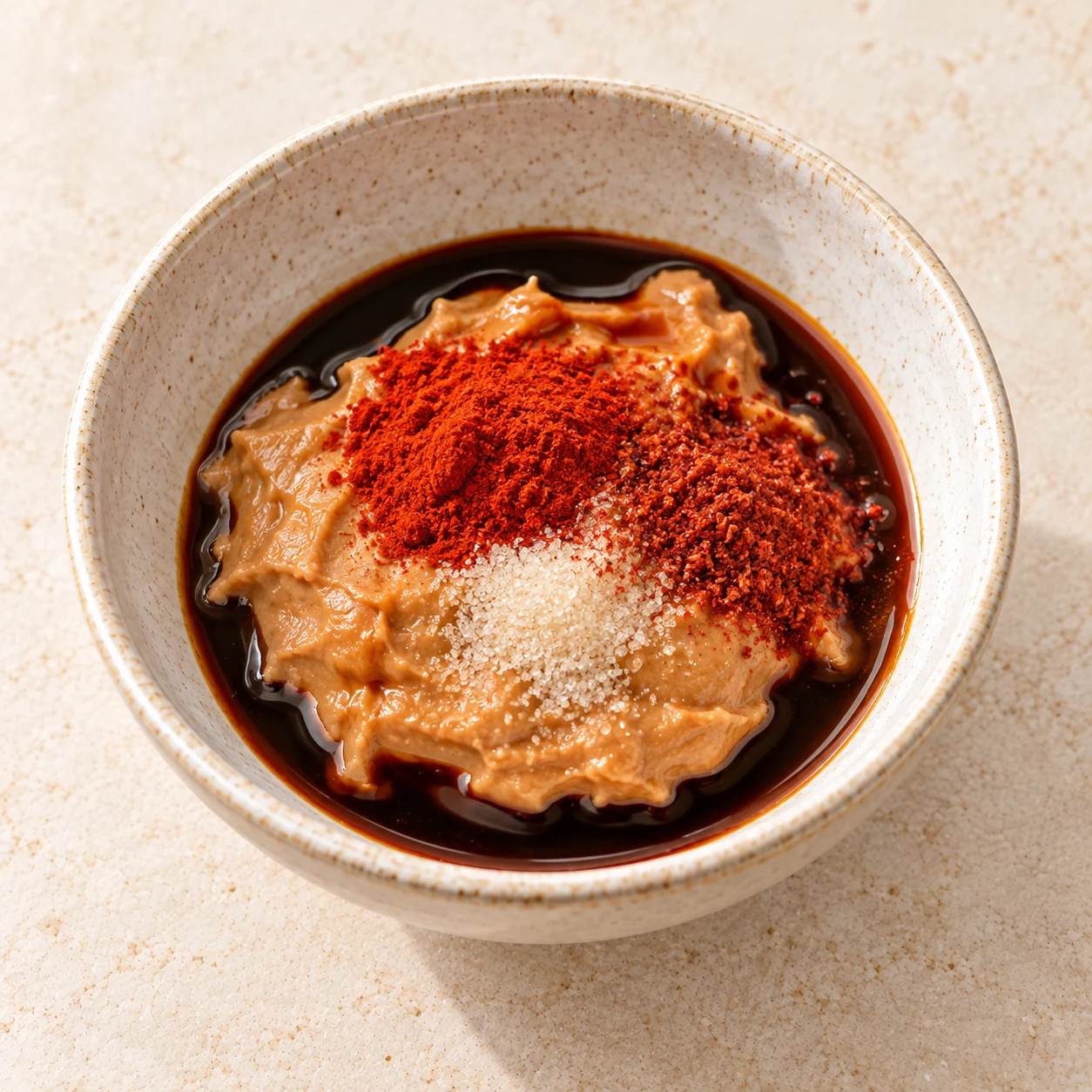 Vue rapprochée dans un bol neutre : purée beige, sauce soja sombre, petits cristaux de sucre, paprika rouge et piment d’Espelette en poudre fine avant le mélange ; aucune graine ni flocon.