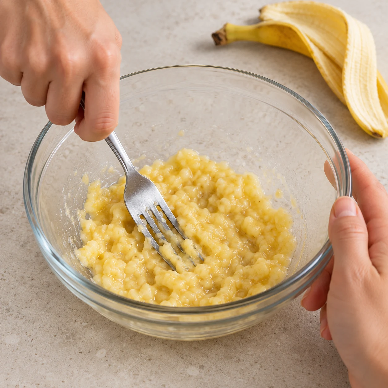 Écrasez la banane épluchée dans un saladier avec une fourchette ou un presse-purée. Une seule phase, texture fidèle à la recette d’origine, plan de travail pierre pâle et vaisselle neutre ; mains anonymes seulement.