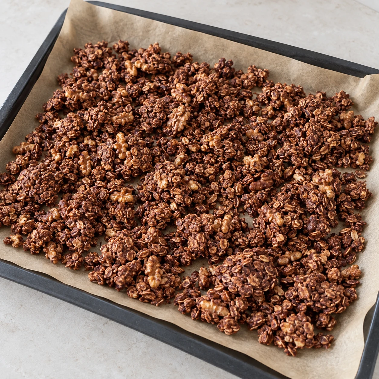 Plaque de granola cuit immobile posée sur le plan de travail, gros amas intacts, sans mains, sans chocolat.